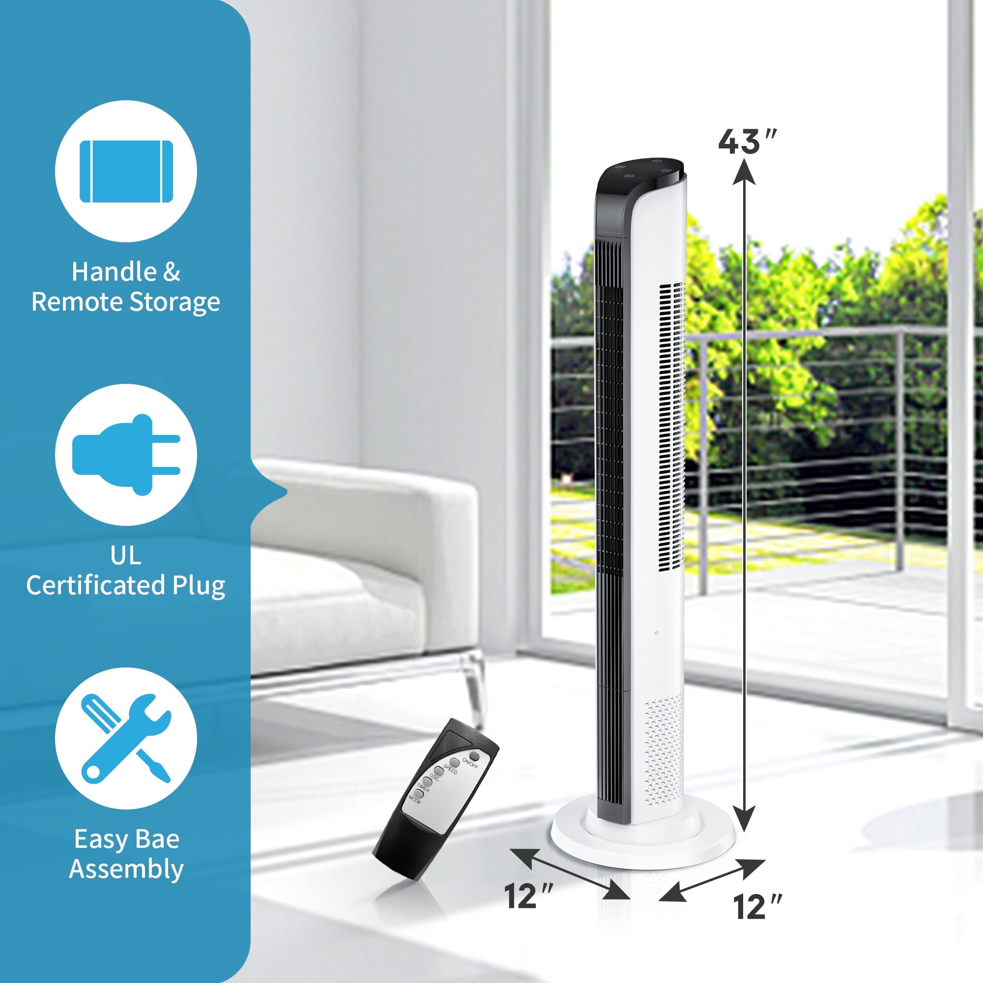43inch Tower Fans for Home with Remote for Bedroom with 3 Speeds, 3 Modes, White