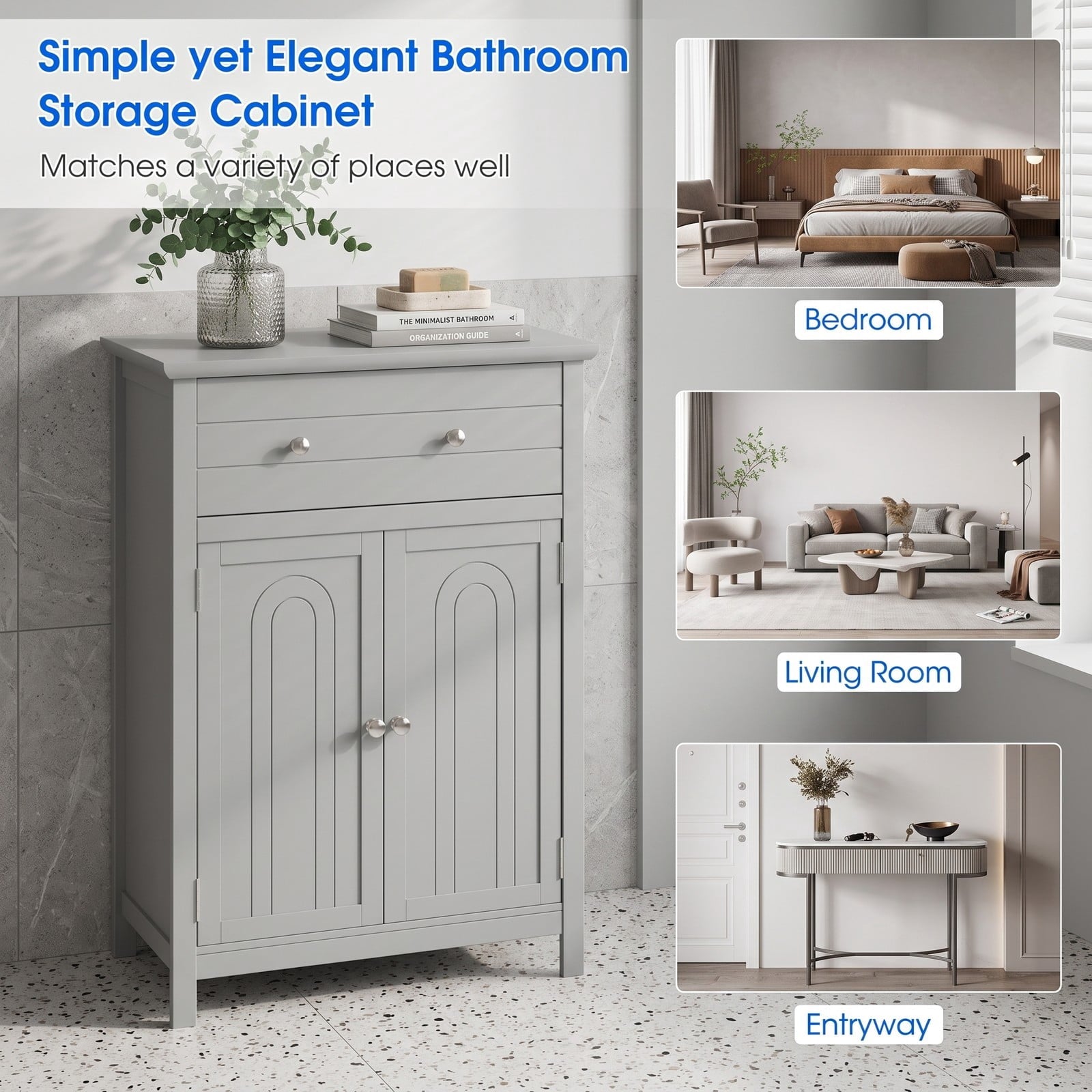 Fenbeli Wooden Bathroom Floor Cabinet, Free Standing 2-Door Storage Cabinet with Drawer and Adjustable Shelf, Waterproof MDF Side Organizer for Bathroom Living, Gray