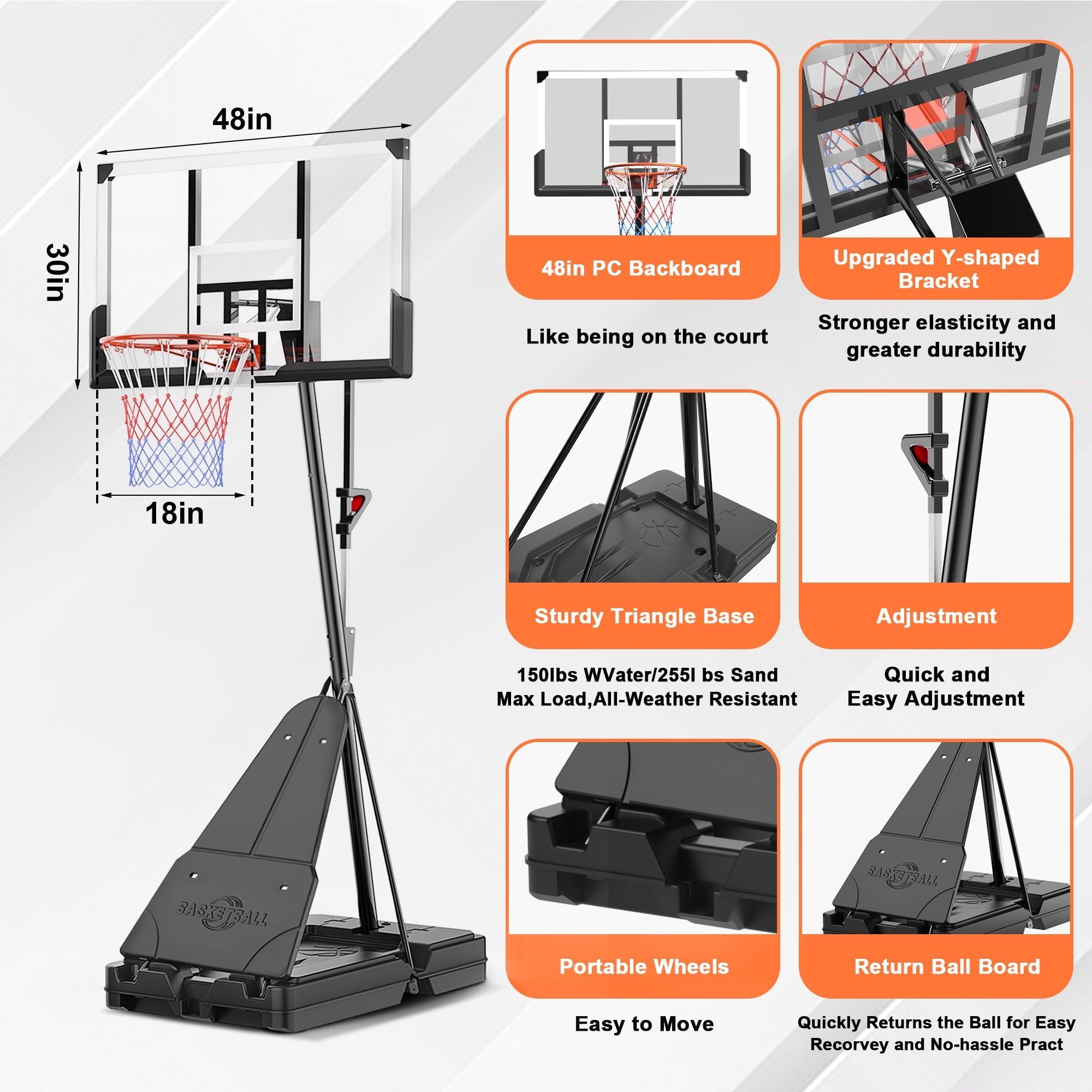 Fenbeli Basketball Hoop Outdoor, 4.8-10FT Height Adjustable Portable Basketball Hoops with 48 Inch Shatterproof Backboard, Basketball Goal System for Kids Youth and Adults in Backyard/Driveway/Indoor