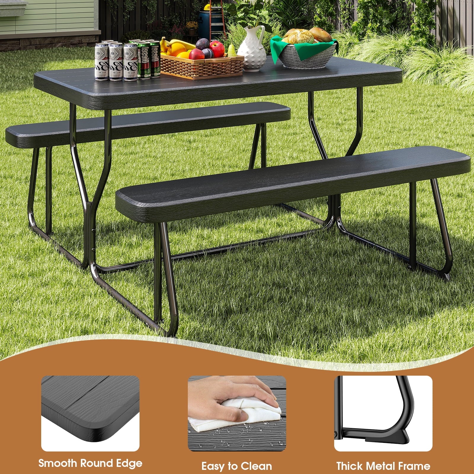 Fenbeli Outdoor Picnic Table Set Easy Assembly, 4 Adults Seating for BBQs, Camping, Patio, and More, Black