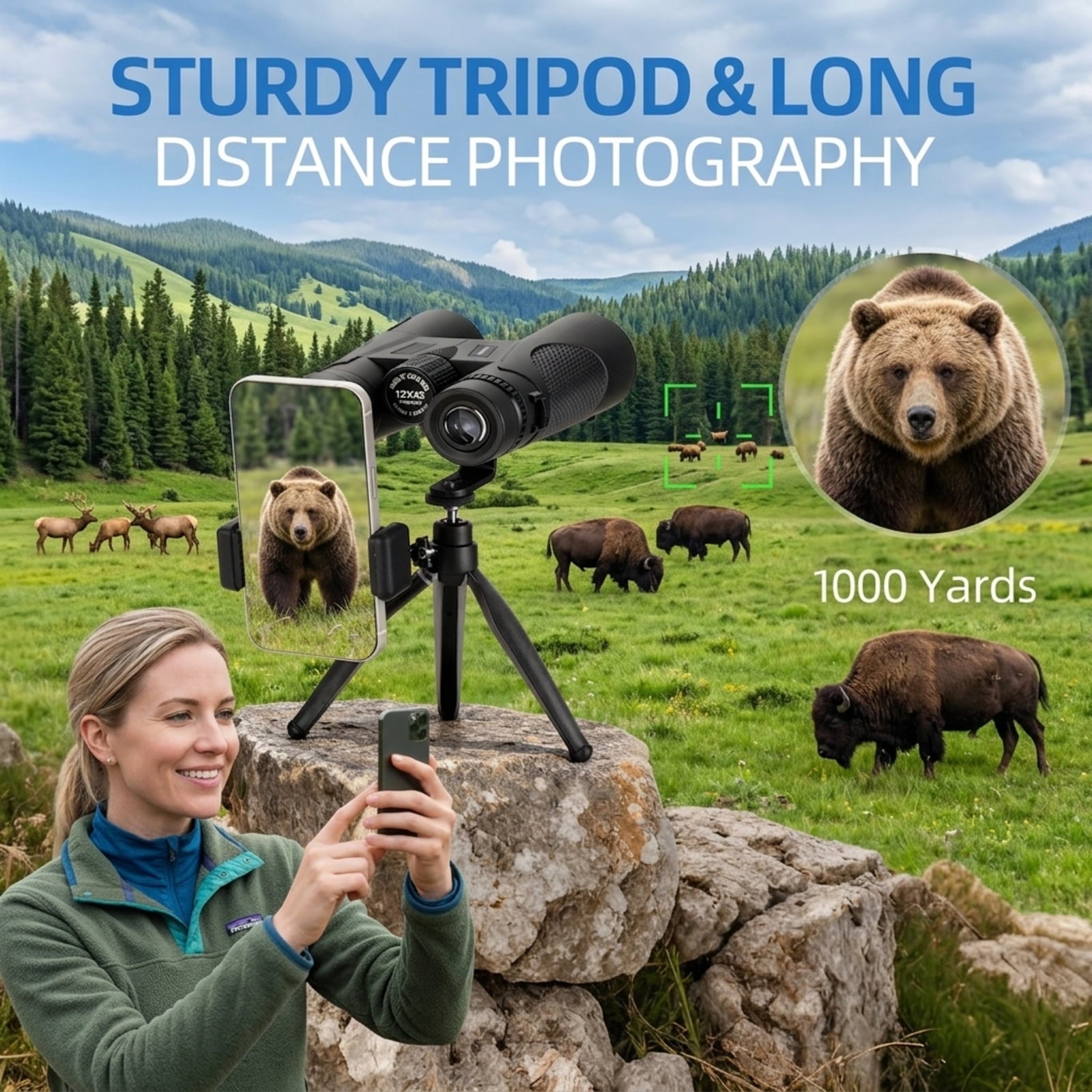 Fenbeli 12¡Á42 HD Roof Prism Binoculars with Phone Adapter and Tripod for Bird Watching and Hiking, Black