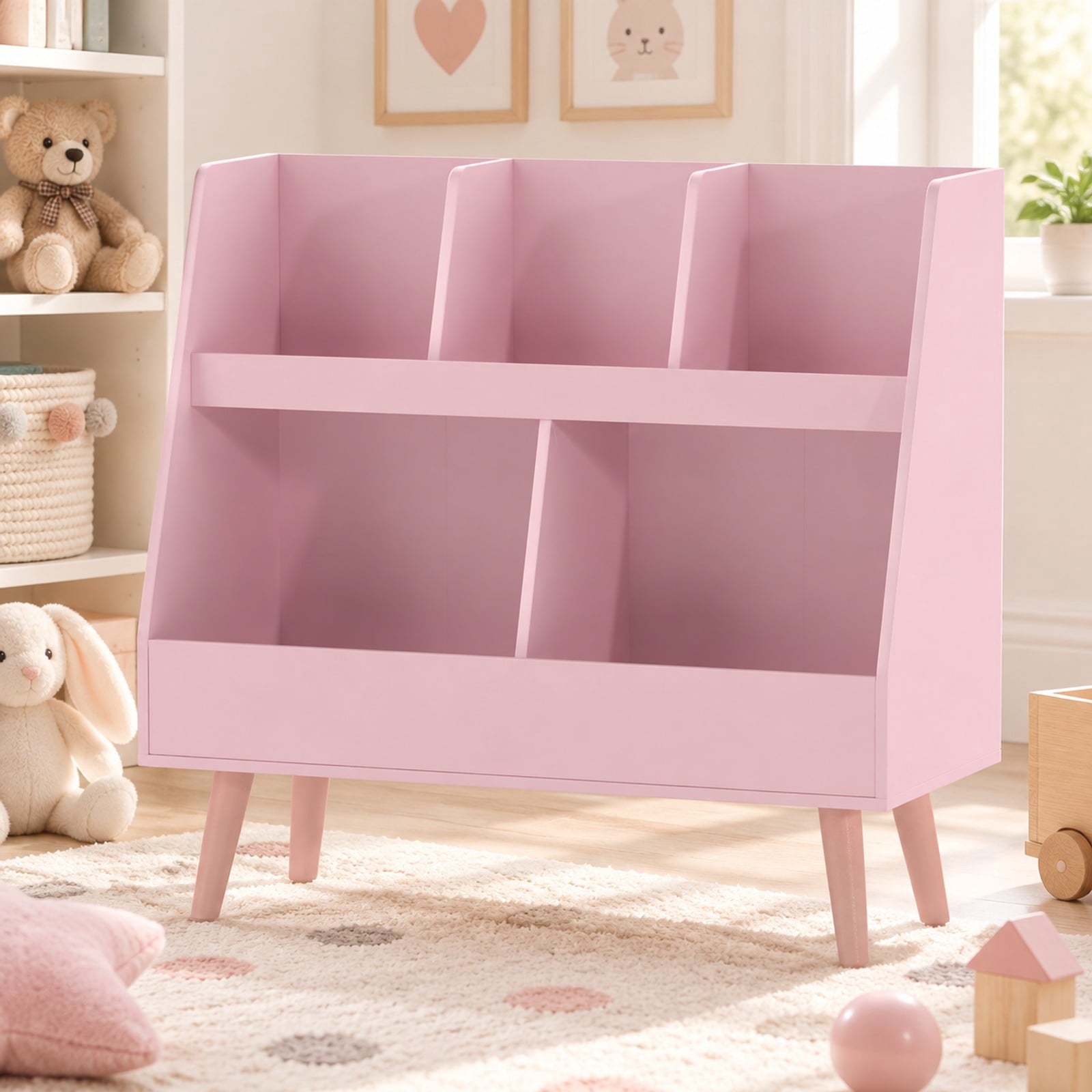 Fenbeli 5-Cube Kids Bookshelf and Toy Organizer with Anti-Tipping Kits, 68 lbs Capacity, MDF Solid Wood Frame, Pink