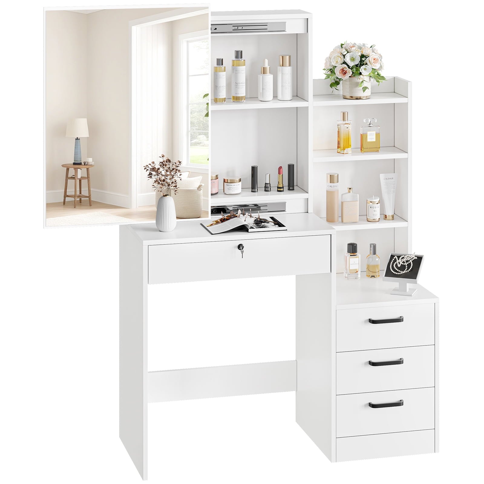 Fenbeli White Lighted Makeup Vanity Table with Sliding Sliding Mirror, Modern Dressing Table Desk with Storage for Bedroom