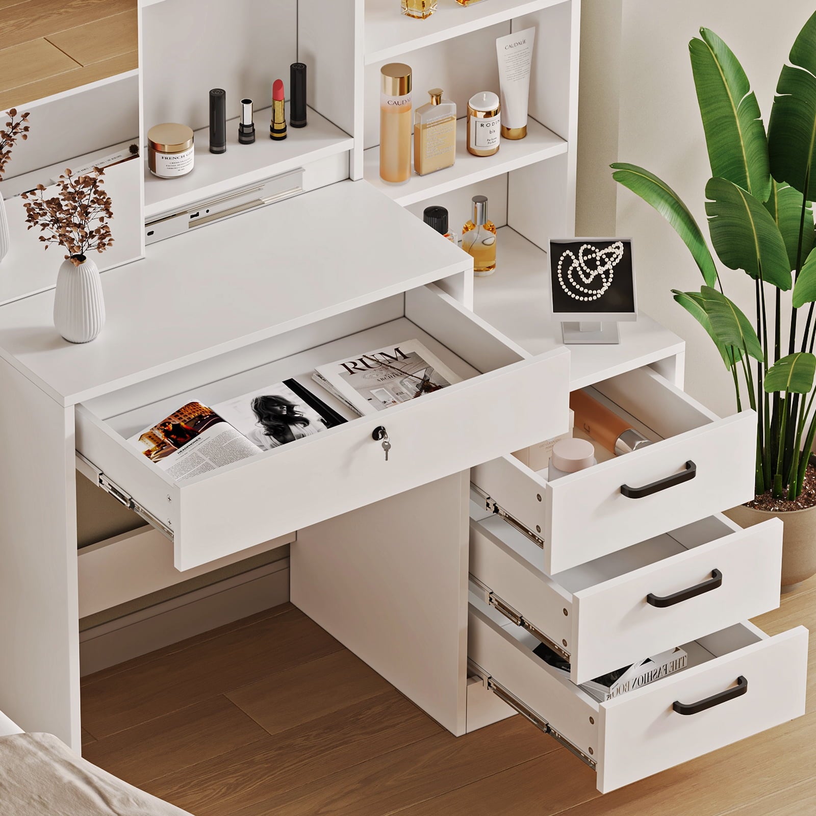 Fenbeli Adjustable Mirror Vanity Set Makeup Vanity with 4 Drawers Vanity Desk for Girls Women White