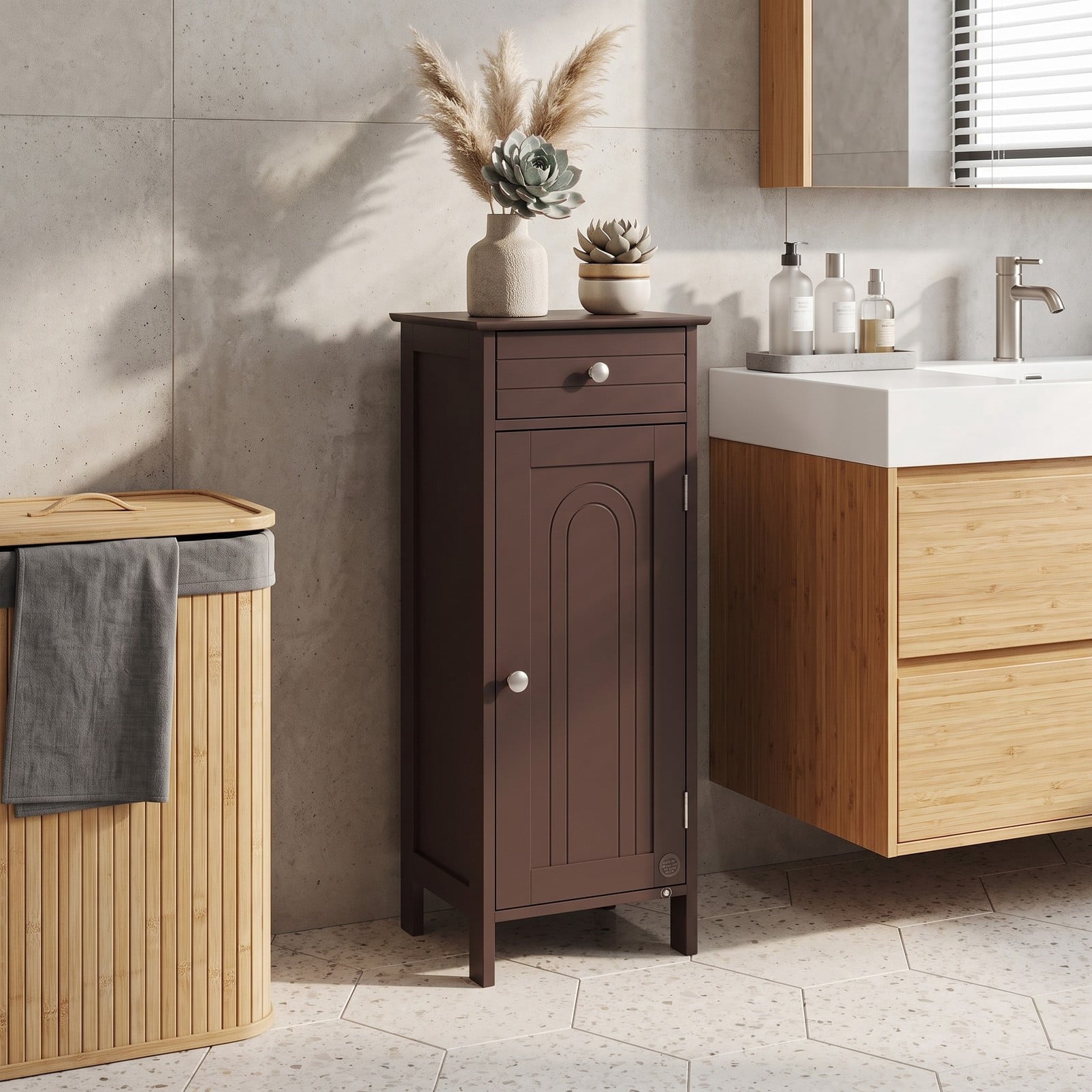 Fenbeli Wooden Floor Storage Cabinet, Free-Standing Bathroom Organizer with Drawer and 2 Adjustable Shelves, Narrow Side Cabinet for Living Room Bedroom, Brown
