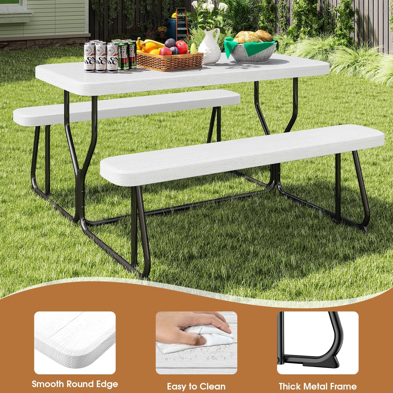 Fenbeli Outdoor Picnic Table with Bench Set for BBQ, Camping, Patio, White