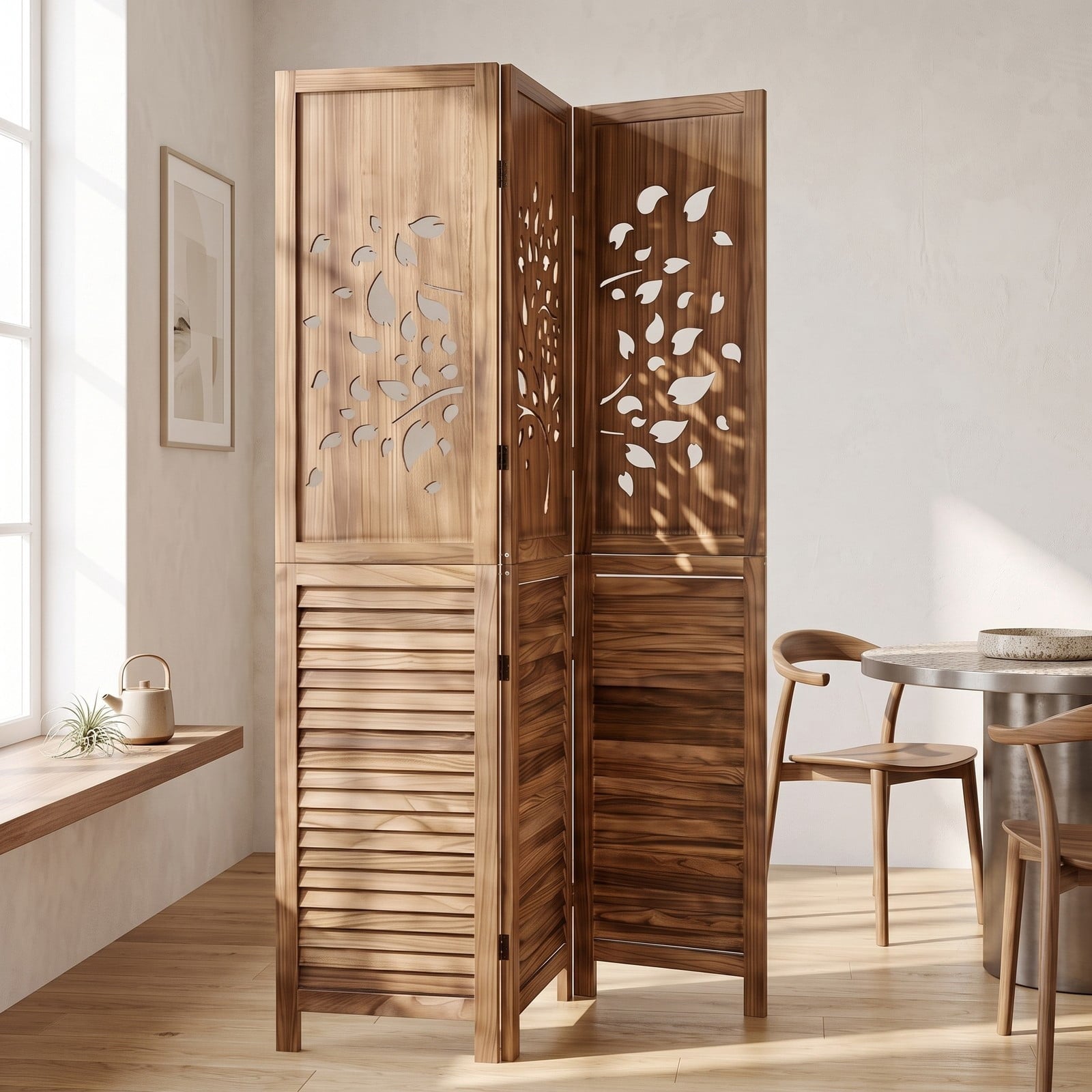 Fenbeli 67 Inch Folding Room Divider 3 Panel Freestanding Privacy Screen with Tree Cutout and Louver Design, Paulownia Wood Partition for, White and Rustic Brown