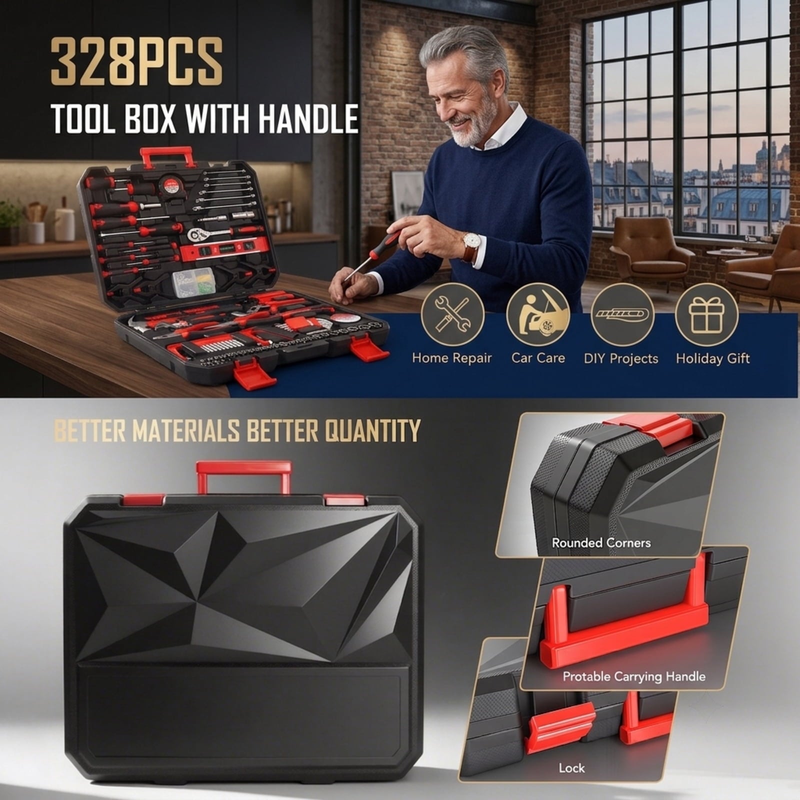 Fenbeli 328-Piece Home Tool Kit with Socket and Wrench Set, Portable Carrying Case for Household, DIY and Auto Repair