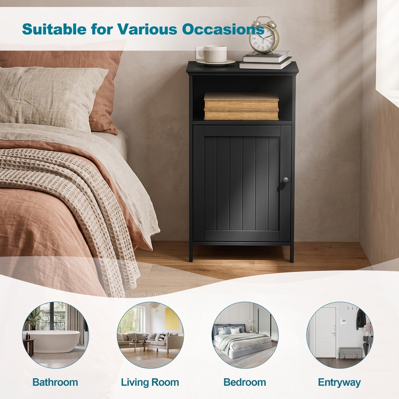 Fenbeli Bathroom Freestanding Floor Storage Cabinet with Adjustable Shelf and Open Cube, Waterproof MDF Side Organizer for Bathroom Living Room Bedroom Entryway, Black
