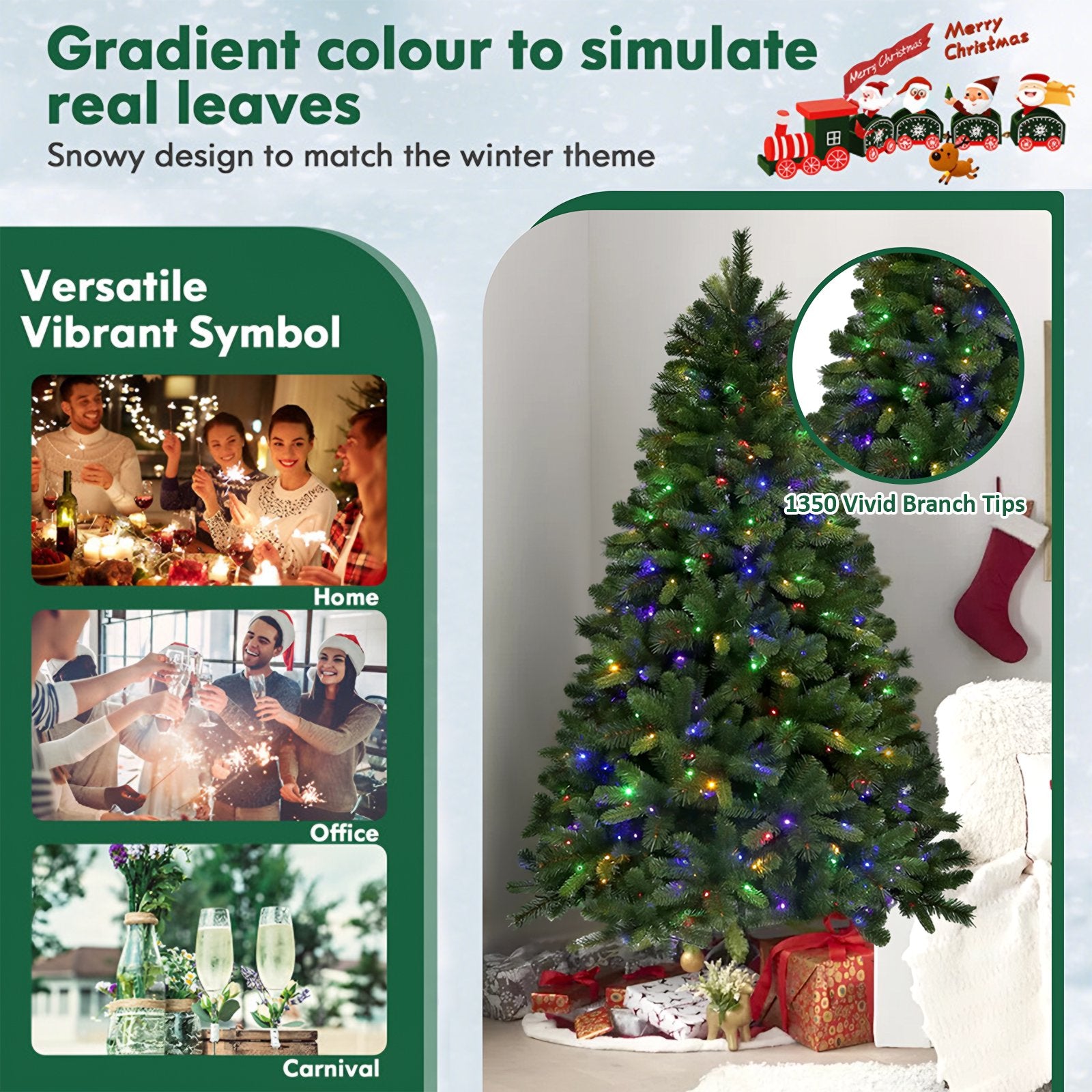 7ft Pre-Lit Artificial Christmas Tree, Hinged Xmas Tree with 400 Multi-Color LED Lights, 1350 PVC and PE Branch Tips, for Holiday Party Office Home Decor