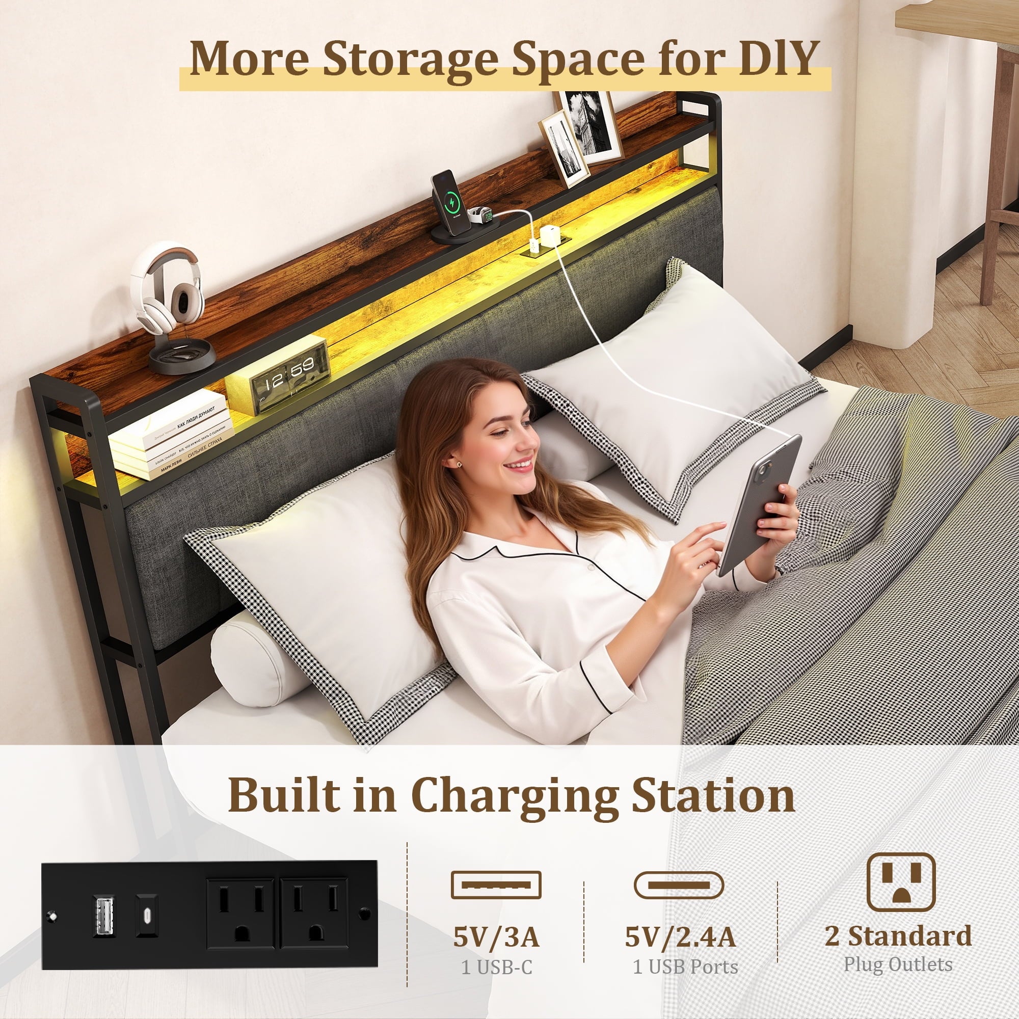 Furnibear LED Full Bed Frame with Upholstered Storage Headboard and Drawers, LED Platform Bed with Charging Station, No Box Spring Needed