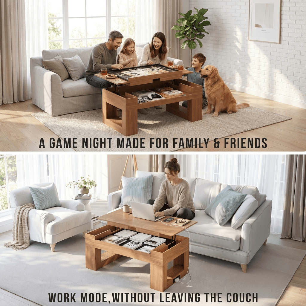Furnibear Lift Top Coffee Table with Puzzle Tray and Charging Station for Living Room, Brown