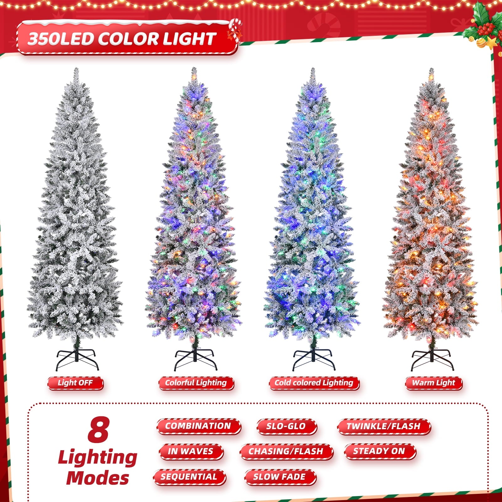 Fenbeli 7.5ft Pre-Lit Pencil Snow Flocked Christmas Tree
