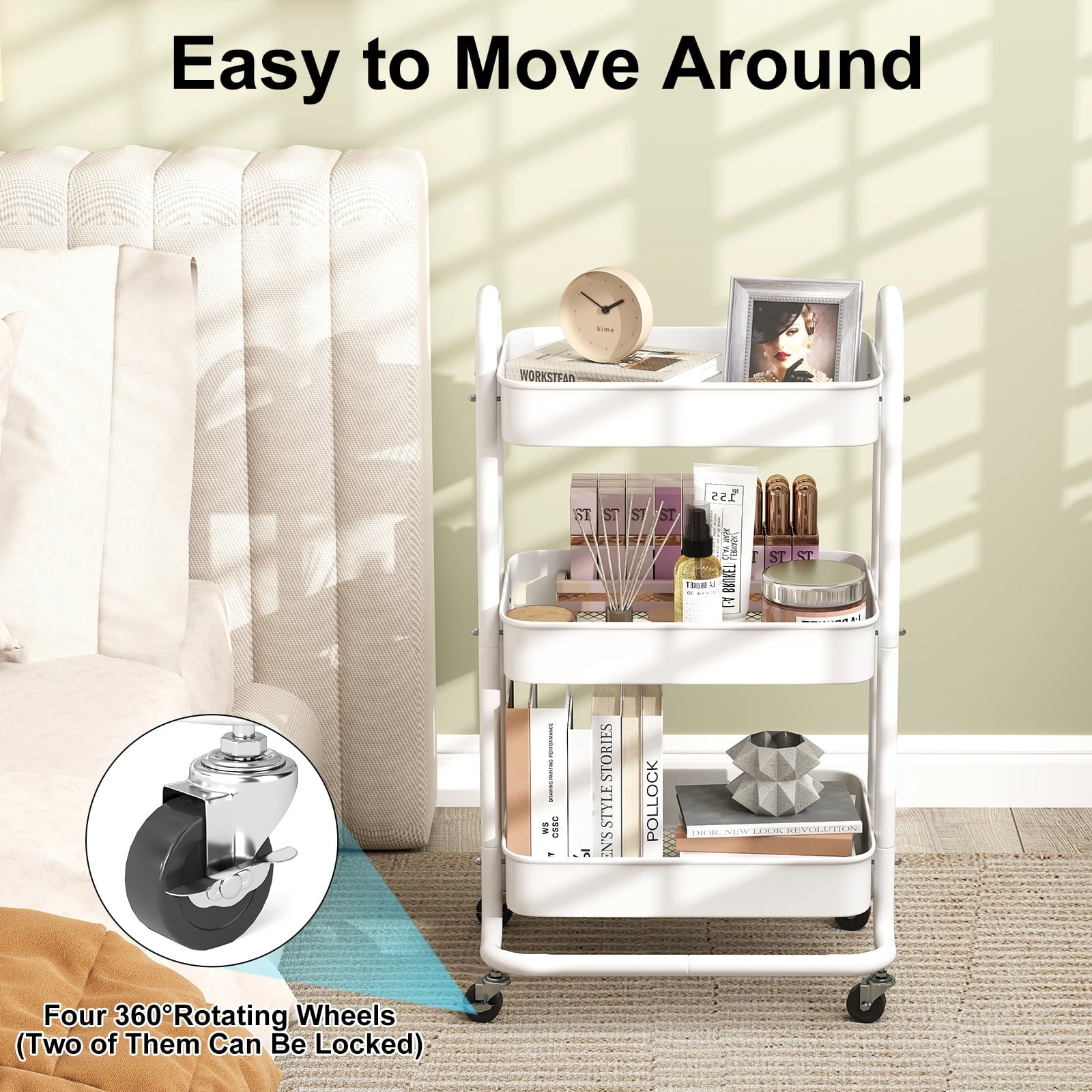 Fenbeli 3-Tier Metal Rolling Utility Cart with Wheels, White, 18L x 13.4W x 31H