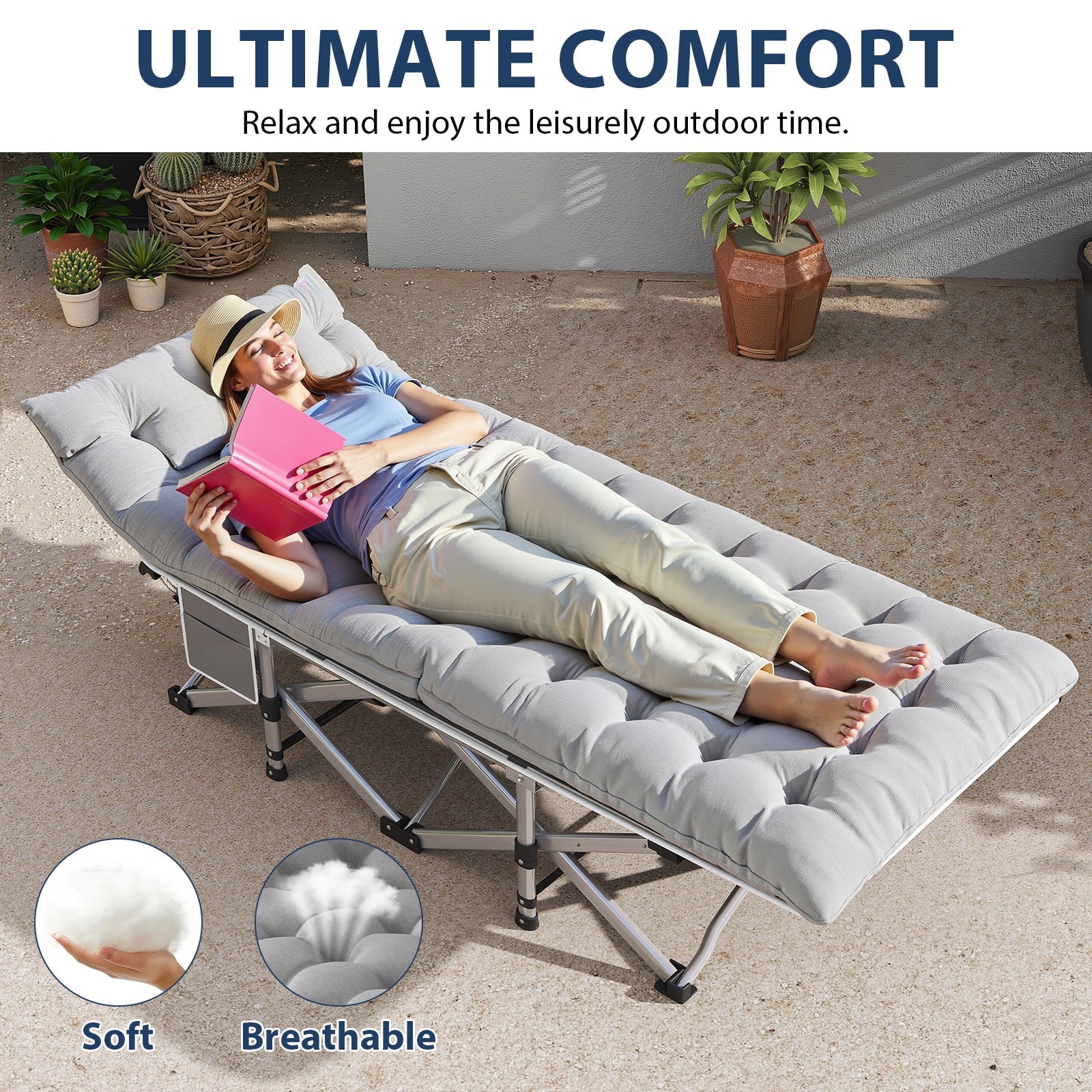 Fenbeli 2 Pack Camping Cot with Mattress Heavy Duty Folding Cot Bed for Adults, Blue and Gray