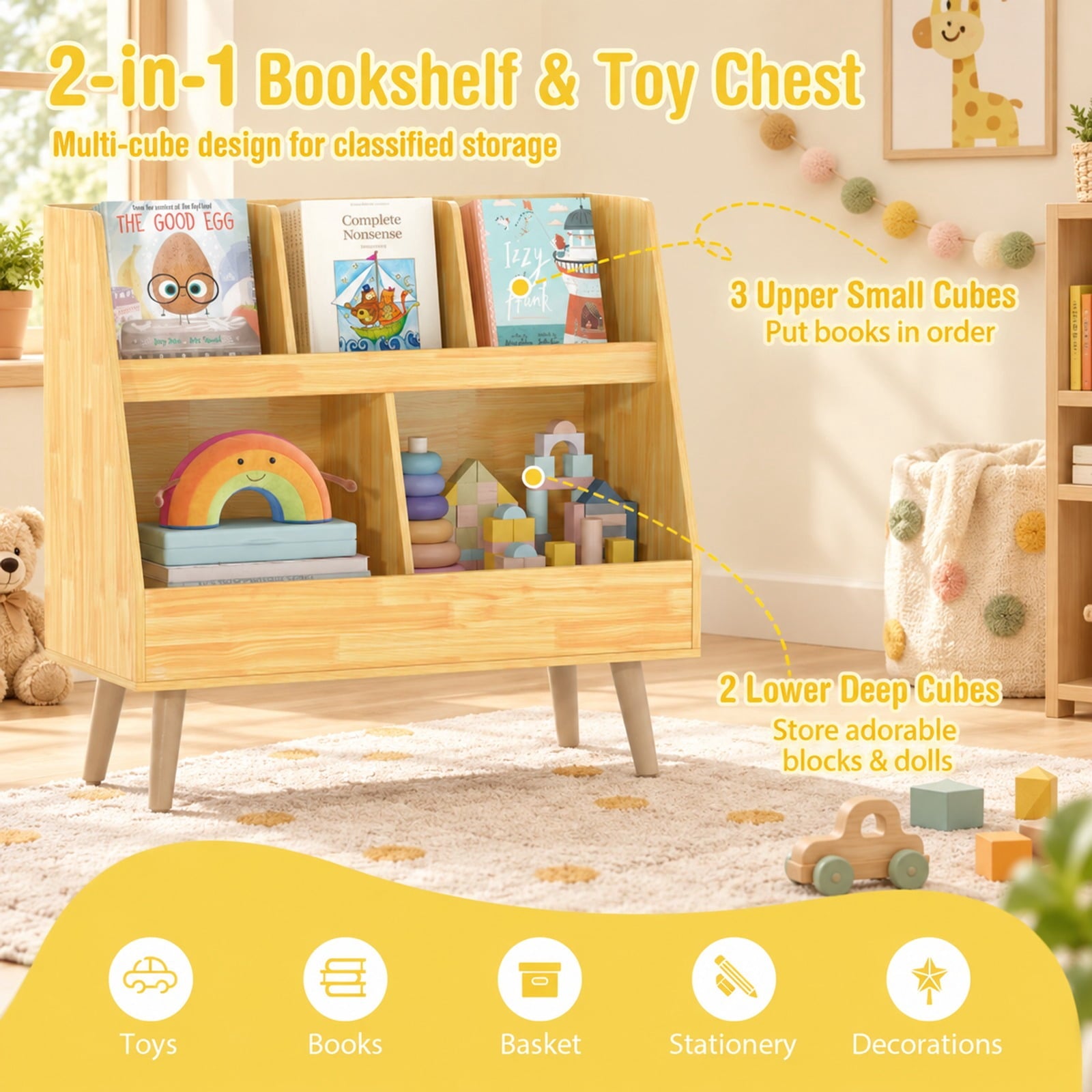 Fenbeli 5-Cube Kids Bookshelf and Toy Organizer with Anti-Tipping Kits, 68 lbs Capacity, MDF Solid Wood Frame, White Oak Natural Pink Light Gray