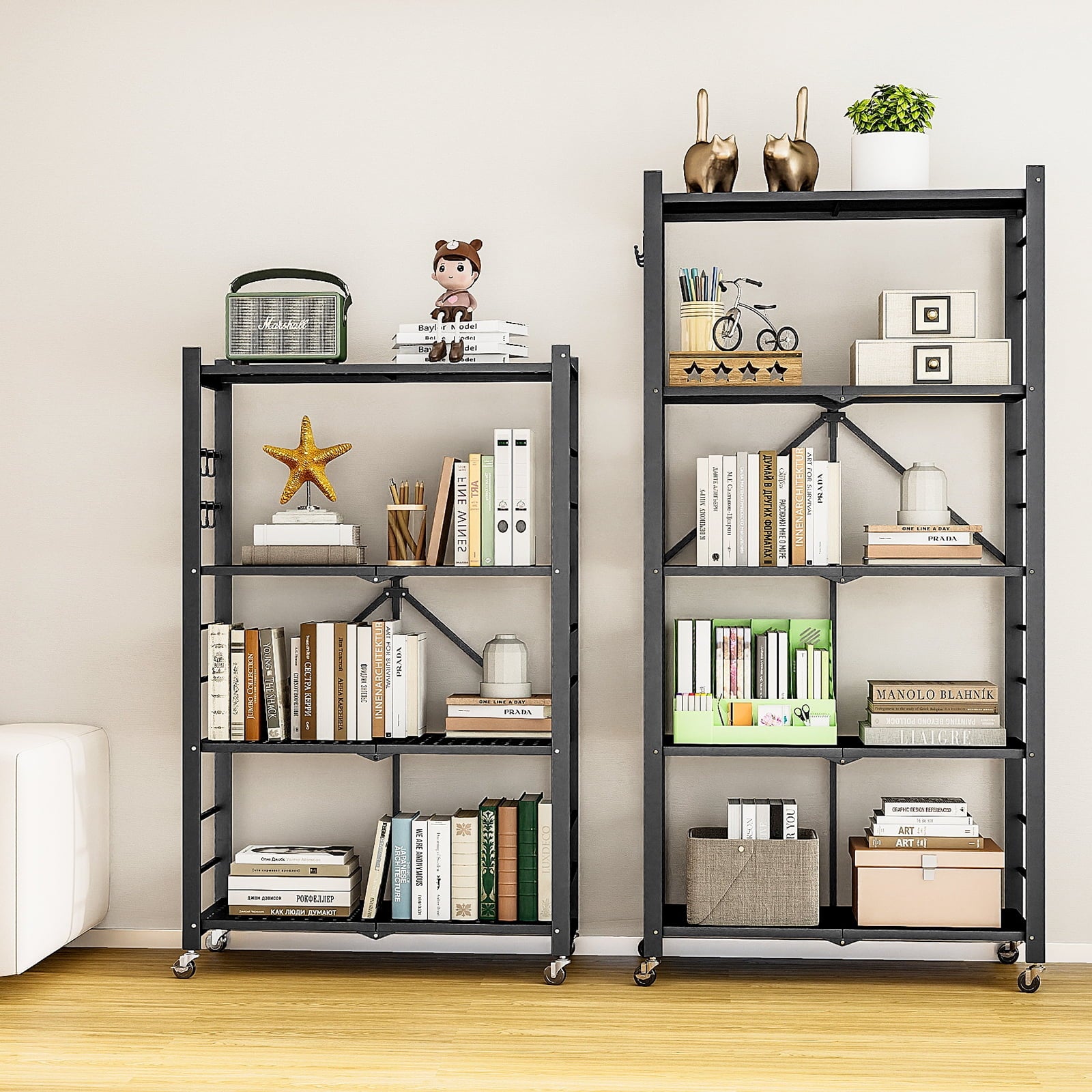 Fenbeli Storage Shelves,5-Tier Foldable Metal Wire Storage Shelf with Wheels, Heavy Duty Organizer Rack for Garage, Kitchen, Closet, Black