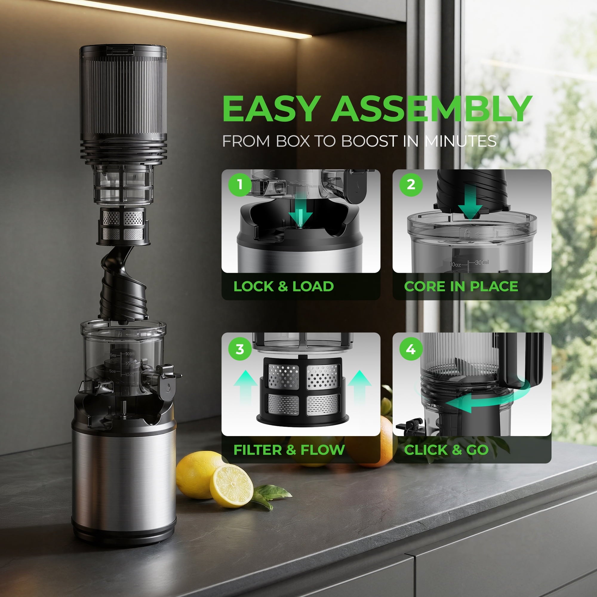 Fenbeli Slow Juicer, Cold Press Juicer Machine, 150W Masticating Juicer for Fruits and Vegetables, 2L Capacity, Black
