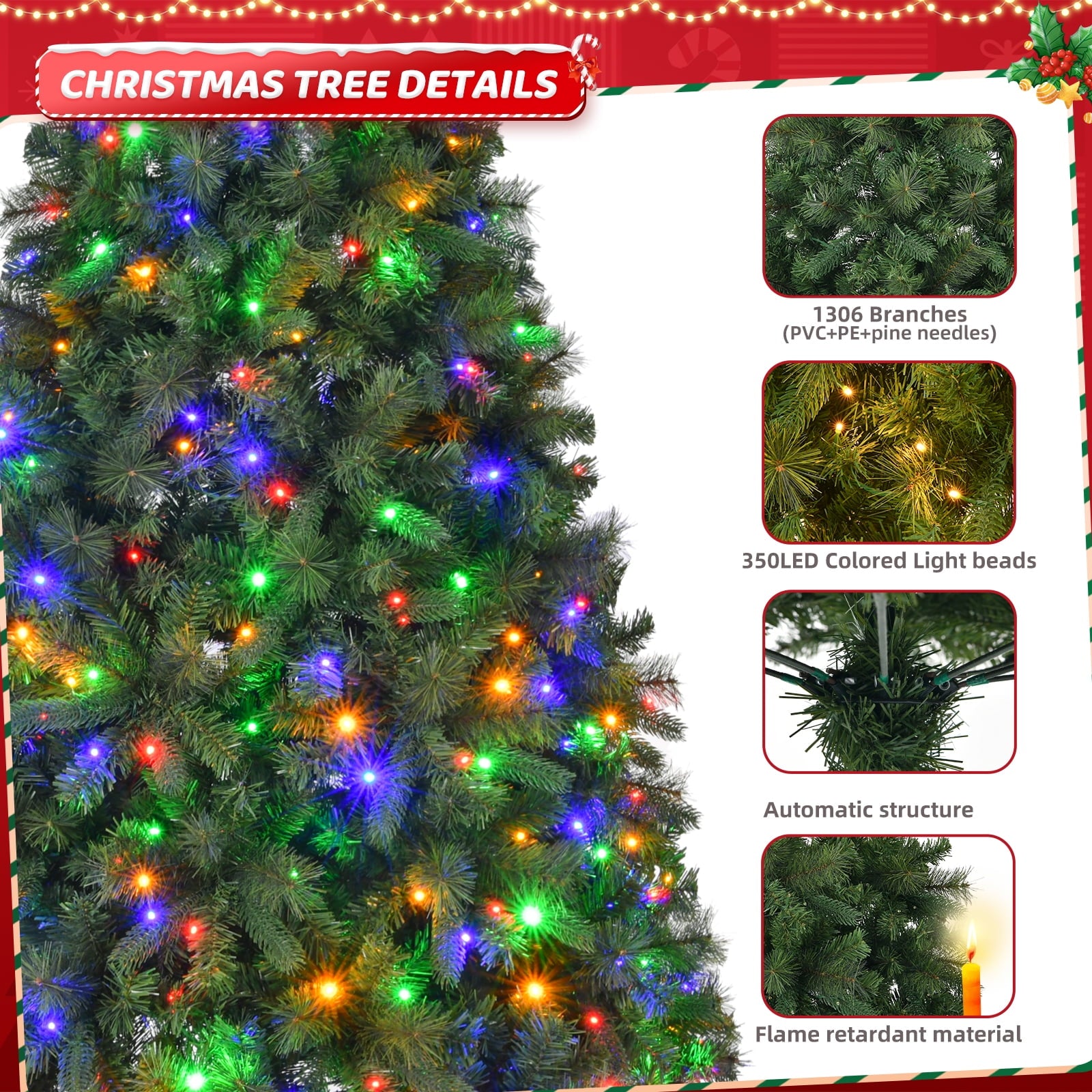 Fenbeli 7.5ft Pre-Lit Artificial Christmas Tree with 400 Multicolored LED Lights, Indoor Outdoor