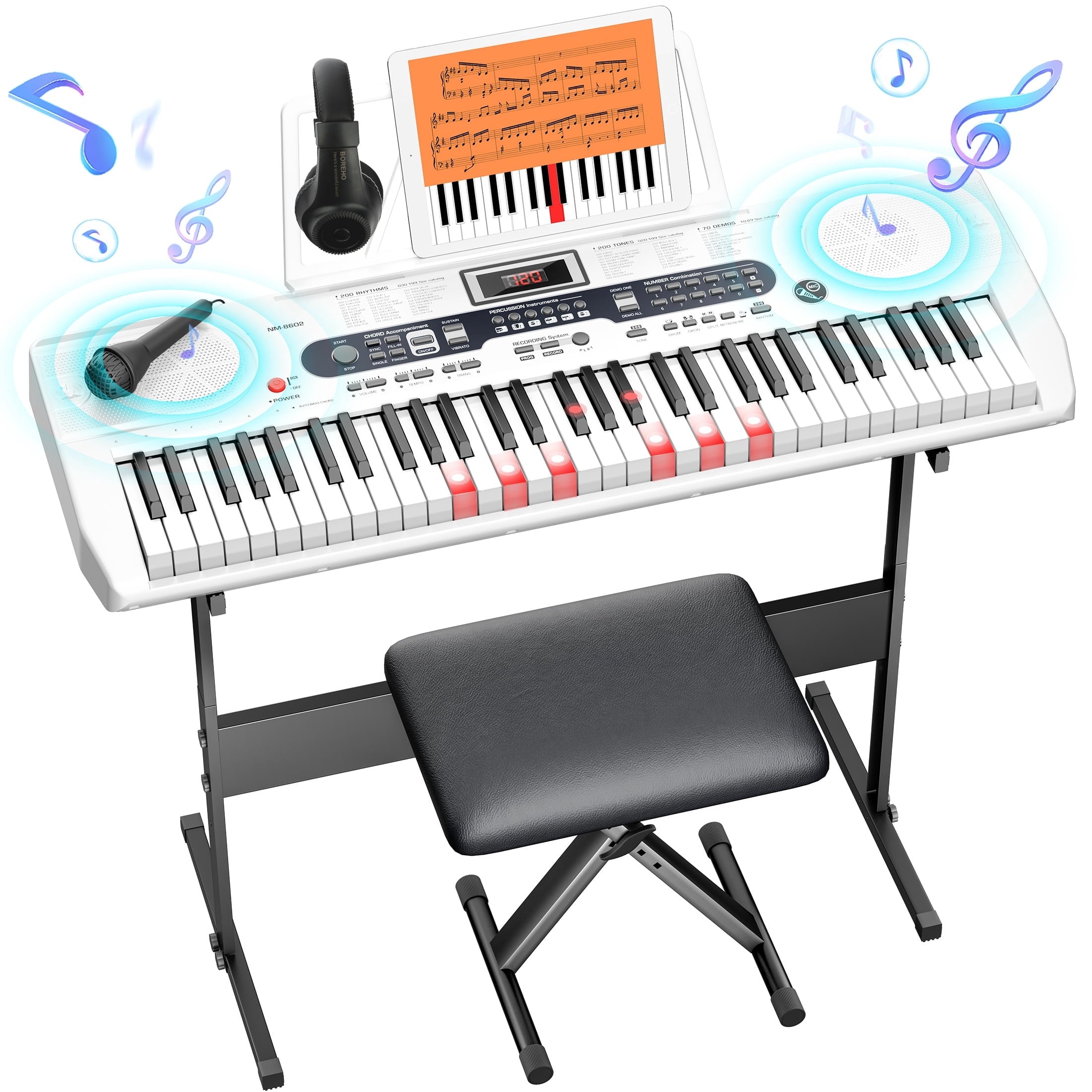 Fenbeli 61-Key Piano Keyboard with Lighted Keys, Stand, Bench, Microphone, Headphone, Electronic Keyboard Piano Set, White