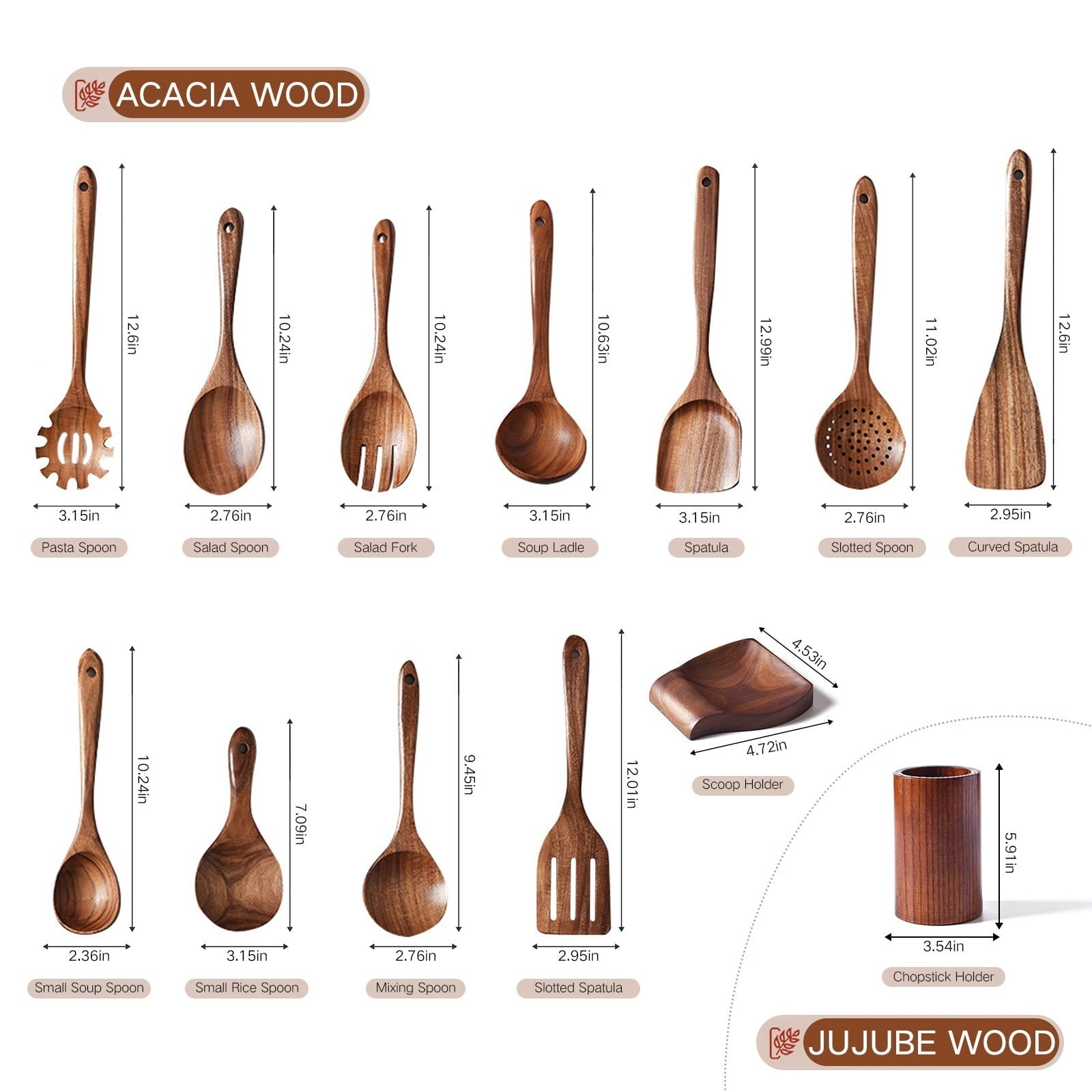 Fenbeli 13 Pcs Wooden Spoons for Cooking, Wooden Kitchen Utensil Set made of Natural Solid Wood Material with Holder, Spoon Rest and 5 Hooks
