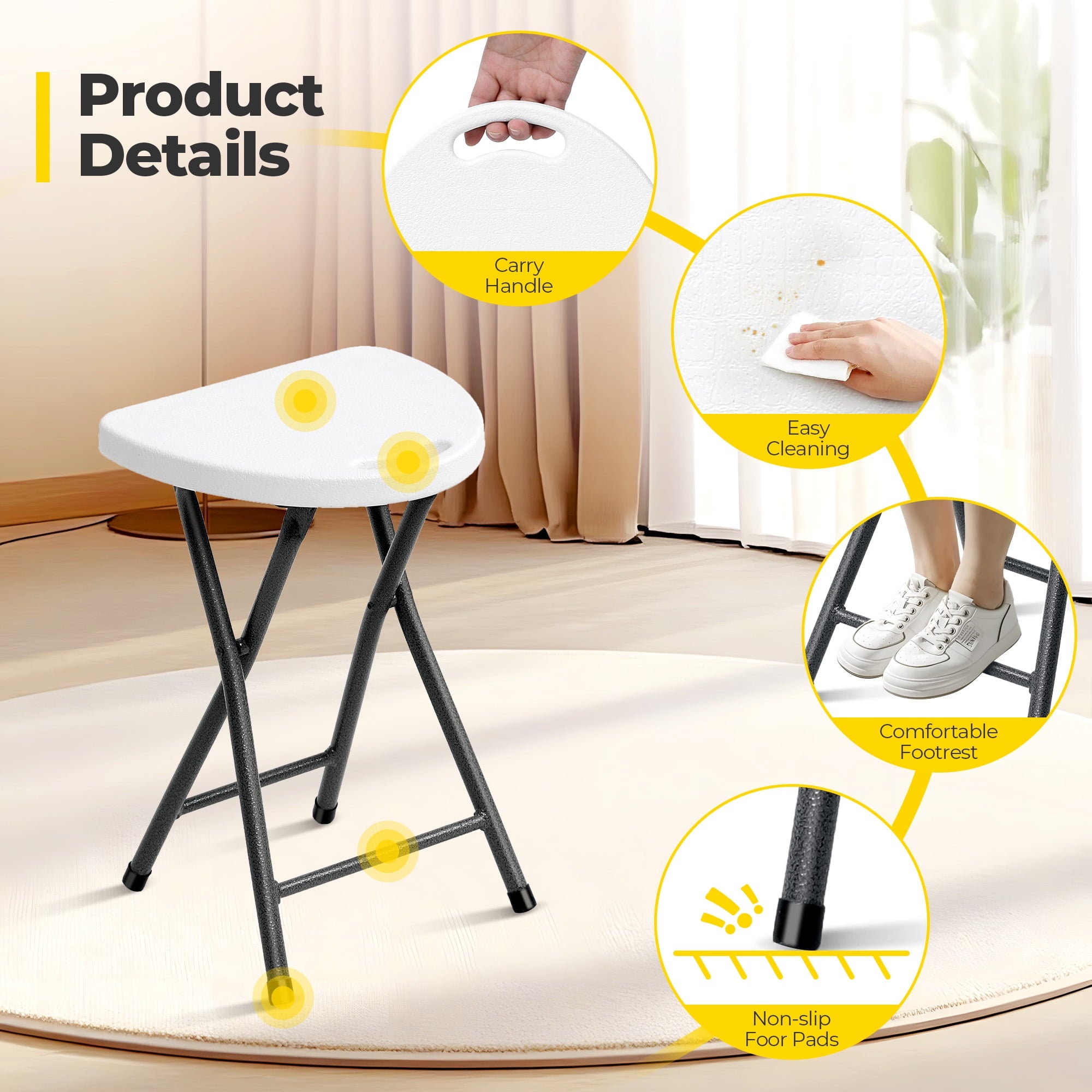 Fenbeli 4 Pack Portable Folding Stool with Handle, 18 Inch Foldable Stool Camping Chair with 500lbs Capacity for Dorm, Kitchen, Vanity, Church and Outdoor use