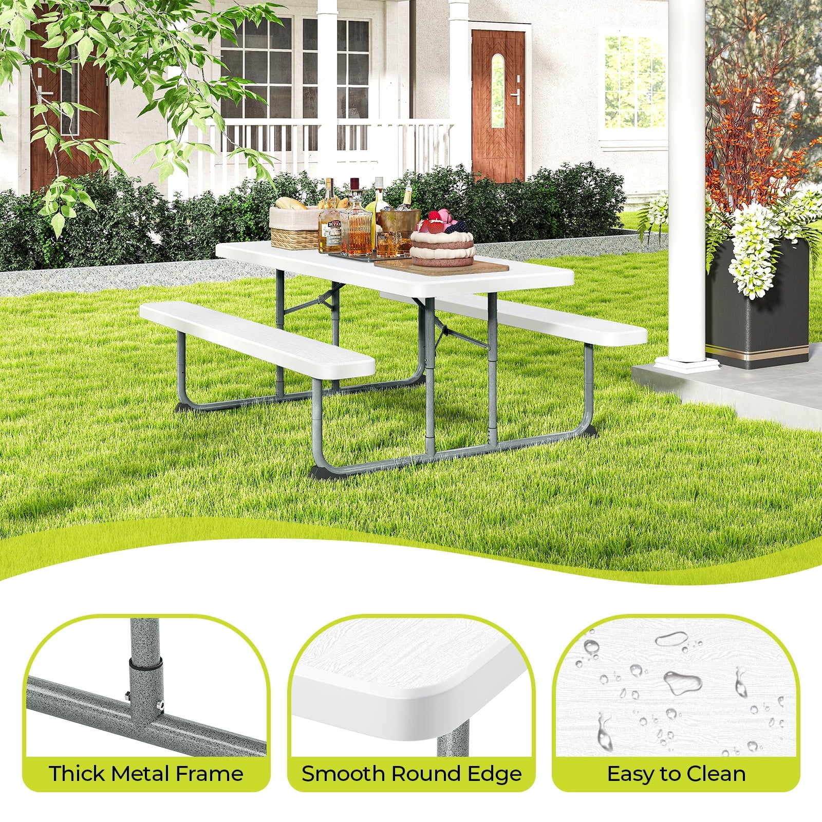 Fenbeli Folding Picnic Table Set 6ft Outdoor Picnic Table with Benches for Camping, BBQ, and Patio Use, White