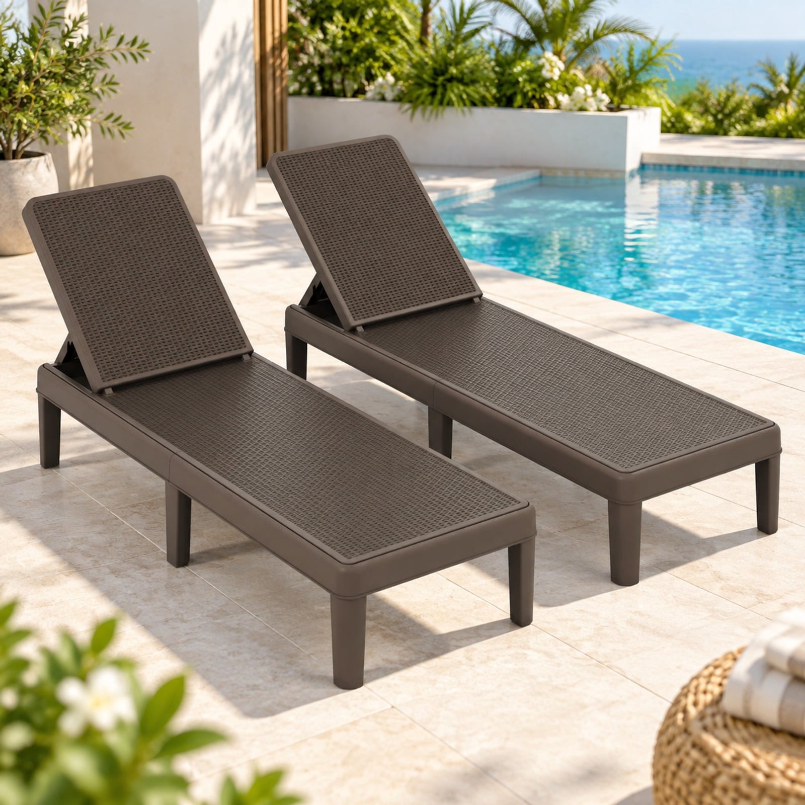 Fenbeli Outdoor Chaise Lounger Chair with Waterproof Rattan Textured PP Surface and 330 lbs Capacity, 330 lbs Capacity, PP Frame, Brown