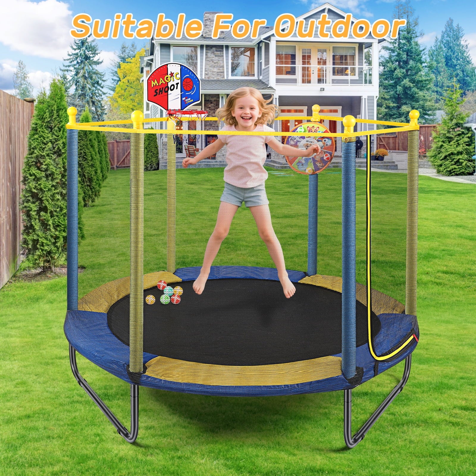 Fenbeli 60in Kids Trampoline with Safety Net, Basketball Hoop Dartboard, Indoor Outdoor Toddler Trampoline for Ages 1-8