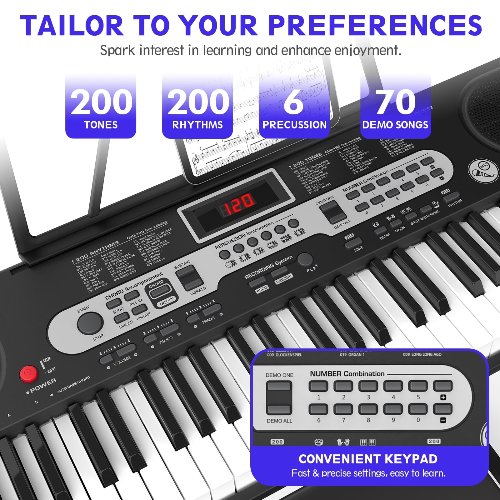 Fenbeli 61 Key Piano Keyboard with Lighted Keys Electric Keyboard Kit with Stand, Bench, Headphones, Built-in Speakers, Black
