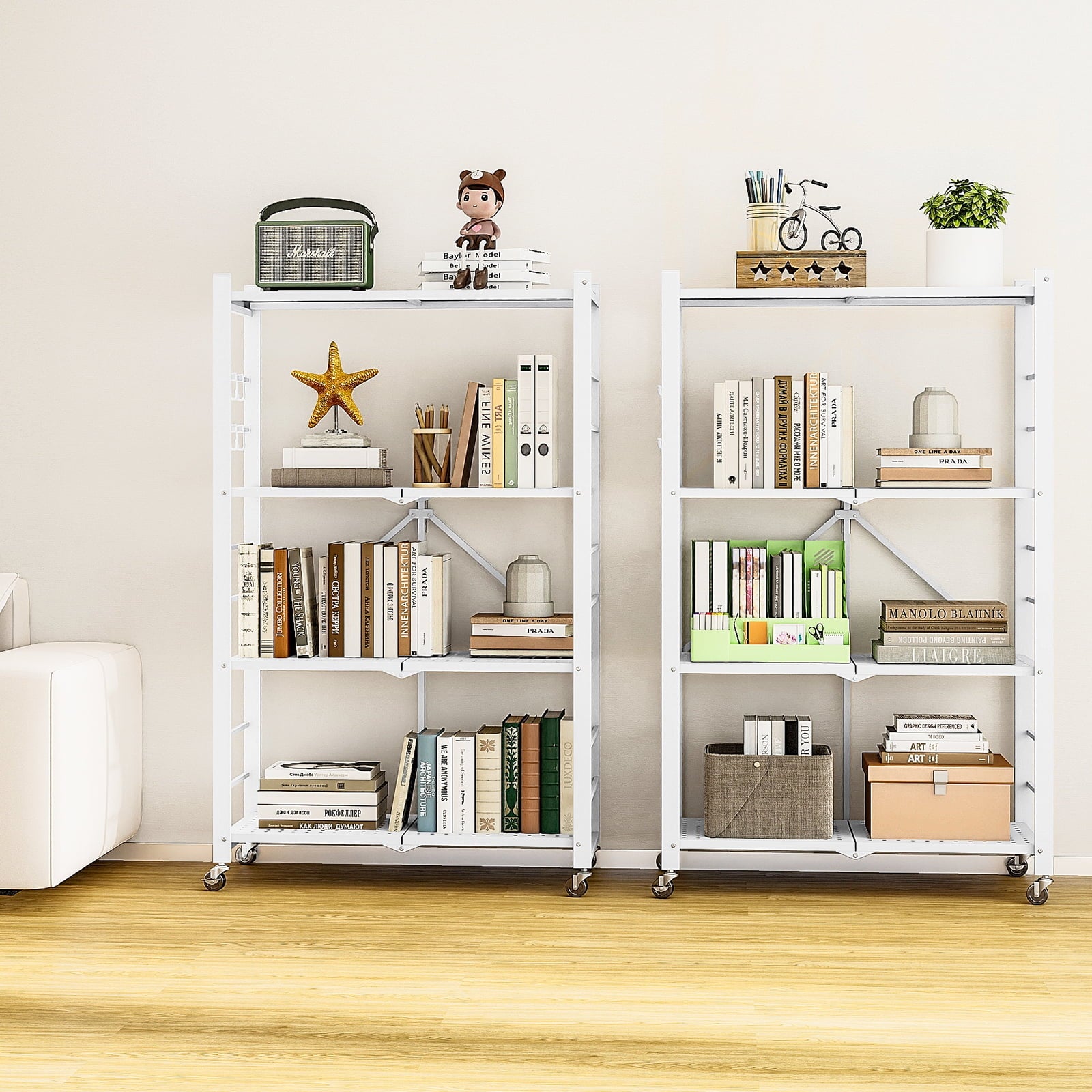 Fenbeli Storage Shelves,4-Tier Foldable Metal Wire Storage Shelf with Wheels, Heavy Duty Organizer Rack for Garage, Kitchen, Closet, White