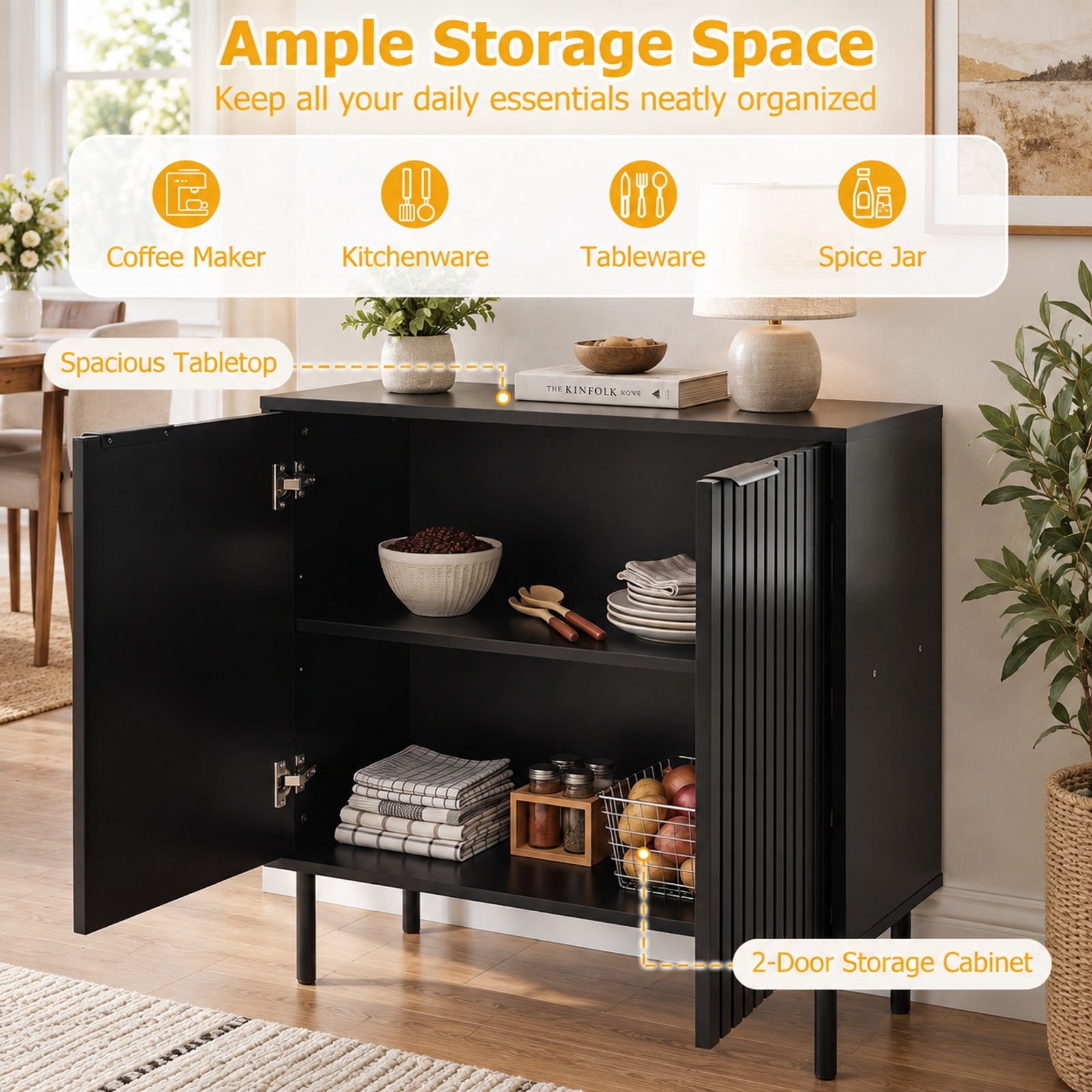 Fenbeli Fluted Buffet Cabinet with 2-Door Sideboard for Kitchen and Dining Room, Black, Metal legs provide strong and reliable support