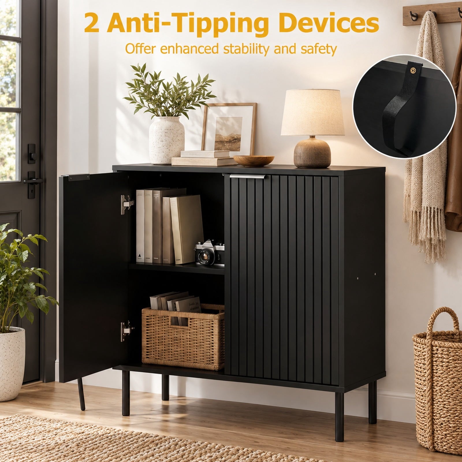 Fenbeli Fluted Buffet Cabinet with 2-Door Sideboard for Kitchen and Dining Room, Black, Metal legs provide strong and reliable support
