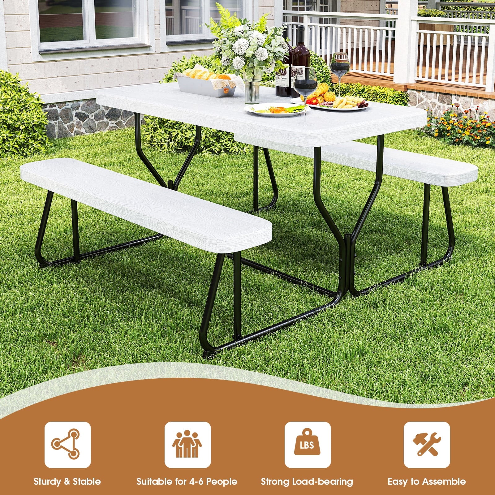 Fenbeli Outdoor Picnic Table with Bench Set for BBQ, Camping, Patio, White