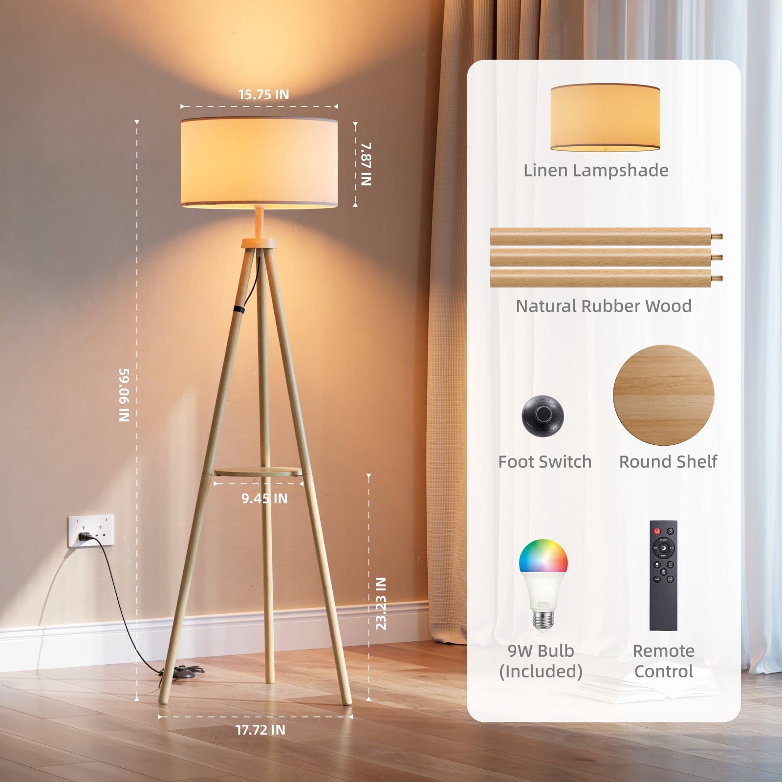 Fenbeli Tripod Floor Lamp with Shelf, 59 Wood Standing Lamp with Remote and APP, Dimmable 3 Color Temperature RGB LED Bulb Included, Linen Shade for Living Room Bedroom, Natural