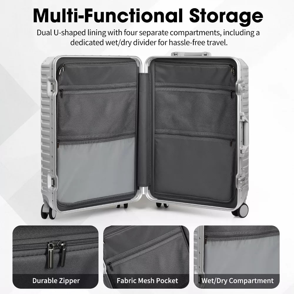 Fenbeli 28 Hardshell Luggage with Cup Holder TSA Locks ABS+PC Suitcases with Spinner Wheels for Travel Aluminum Frame Silver