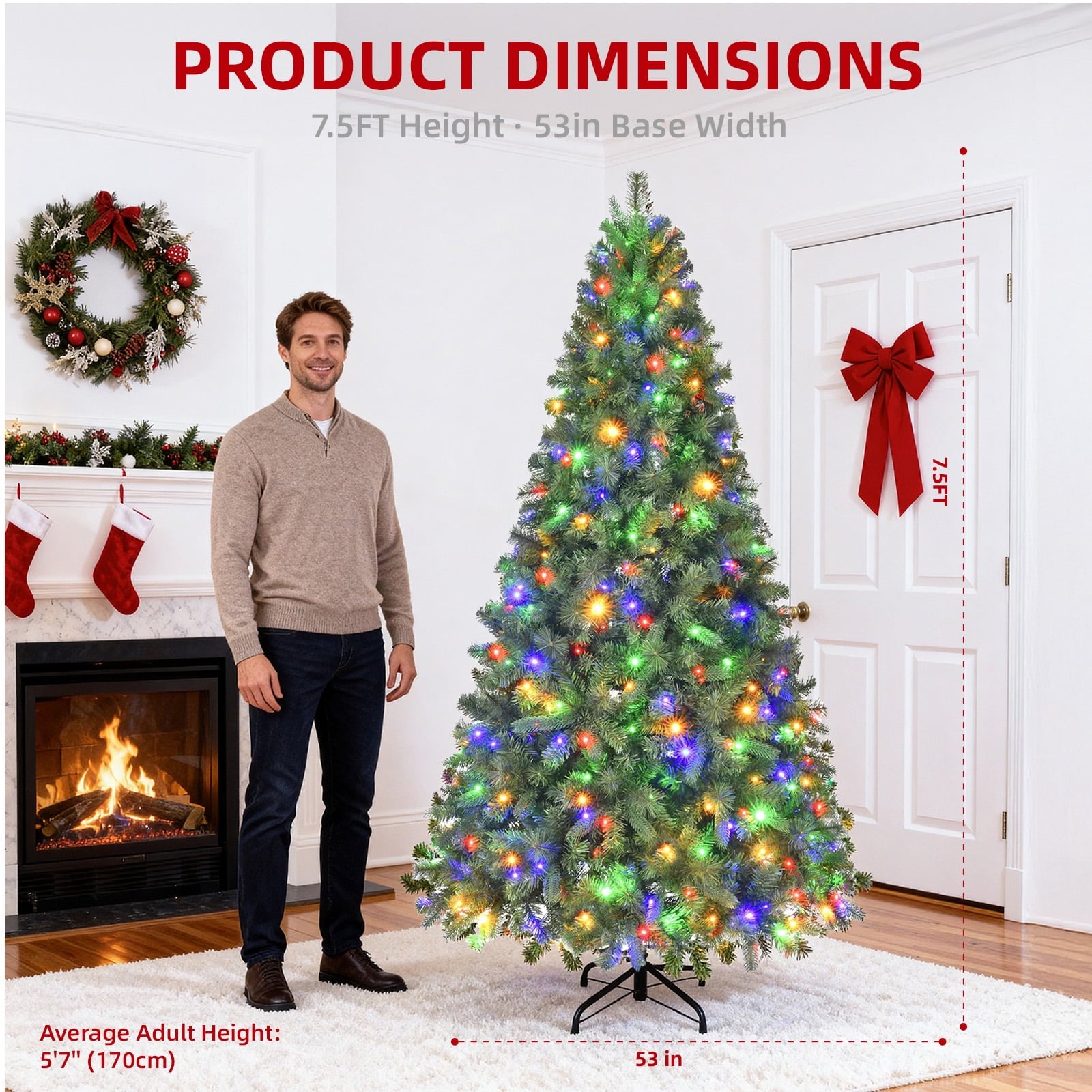 Fenbeli 7.5ft Pre-Lit Artificial Christmas Tree with 400 Multicolored LED Lights, 8 Sequences, Green