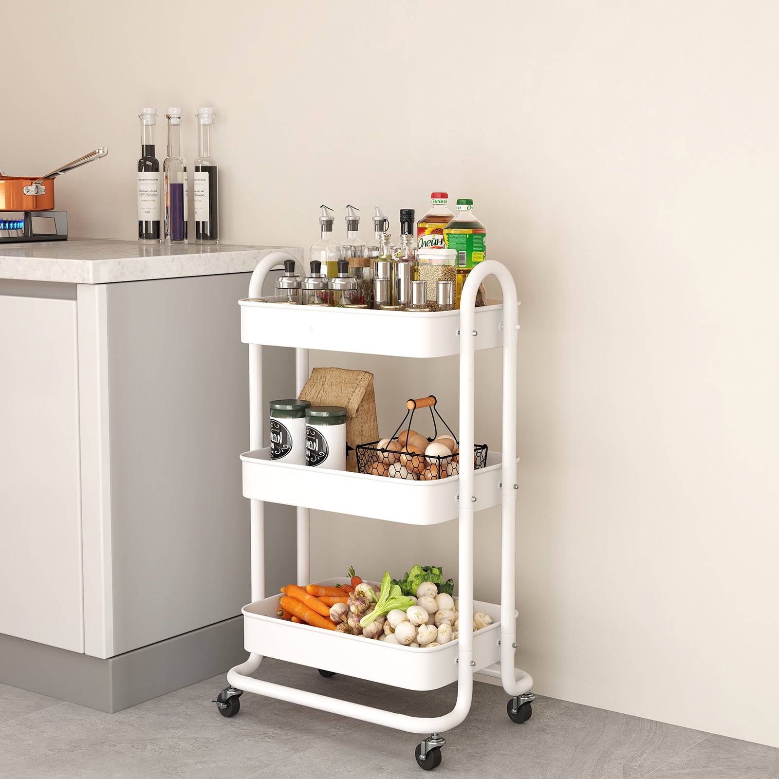 Fenbeli 3-Tier Metal Rolling Utility Cart with Wheels, White, 18L x 13.4W x 31H