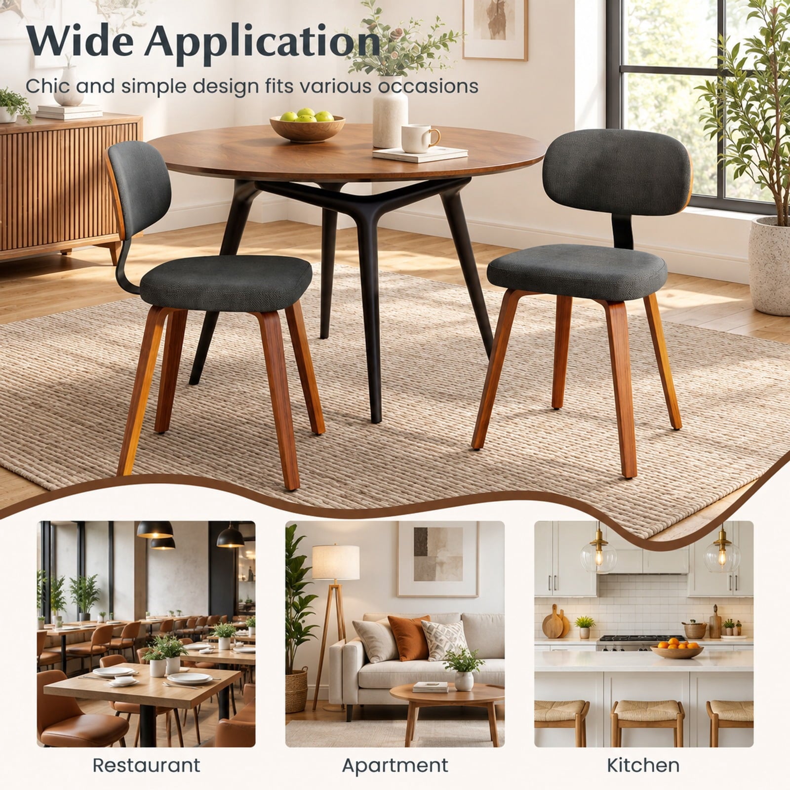 Fenbeli Chenille Fabric Upholstered Wooden Kitchen Chairs Set of 2, 330 lbs Capacity, Chenille Sponge Bentwood Metal Frame, Dark Gray