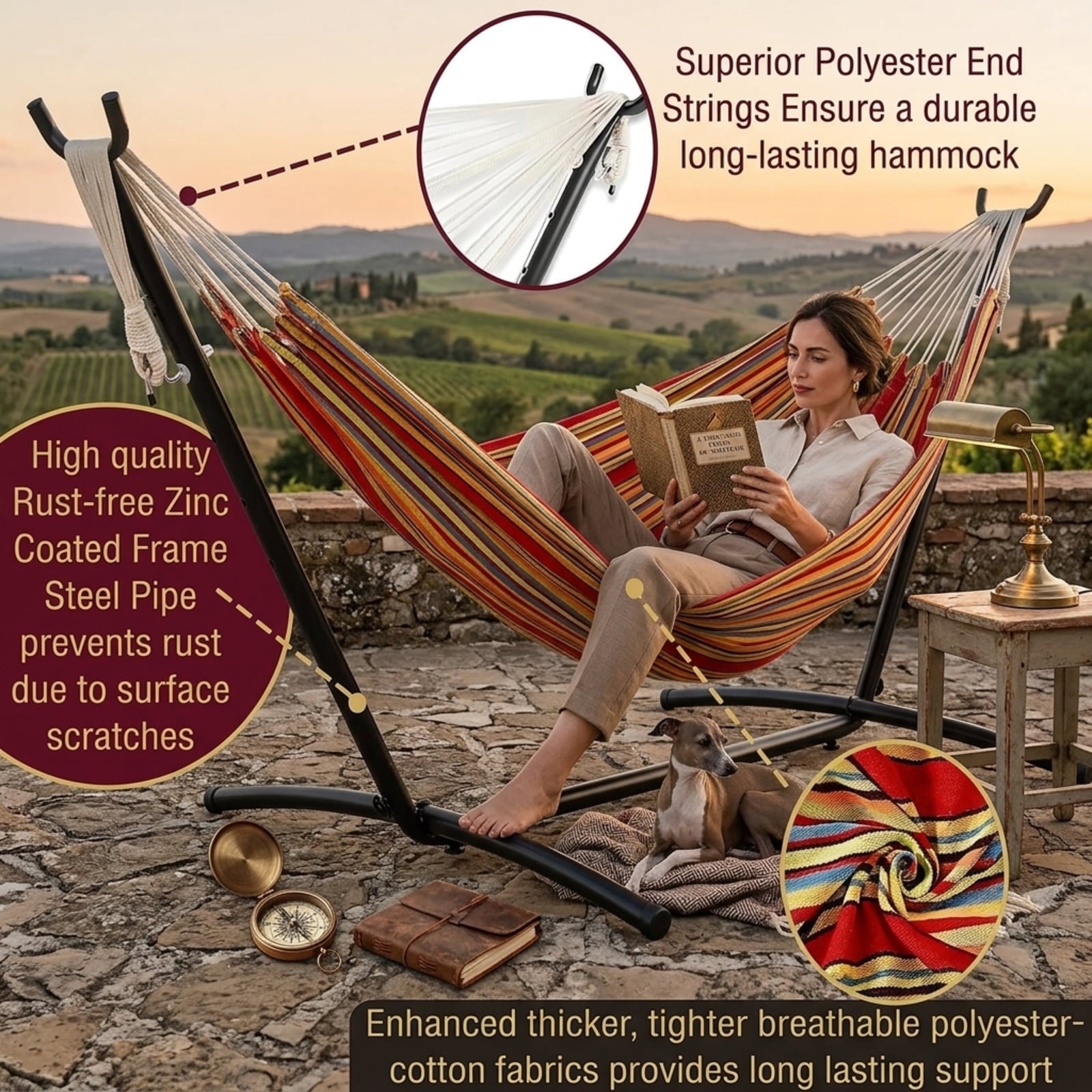 Fenbeli Double Camping Hammock with Stand 2 Person Portable Hammock Bed with Steel Frame and Carry Bag for Backyard Patio Outdoor Poolside, Red