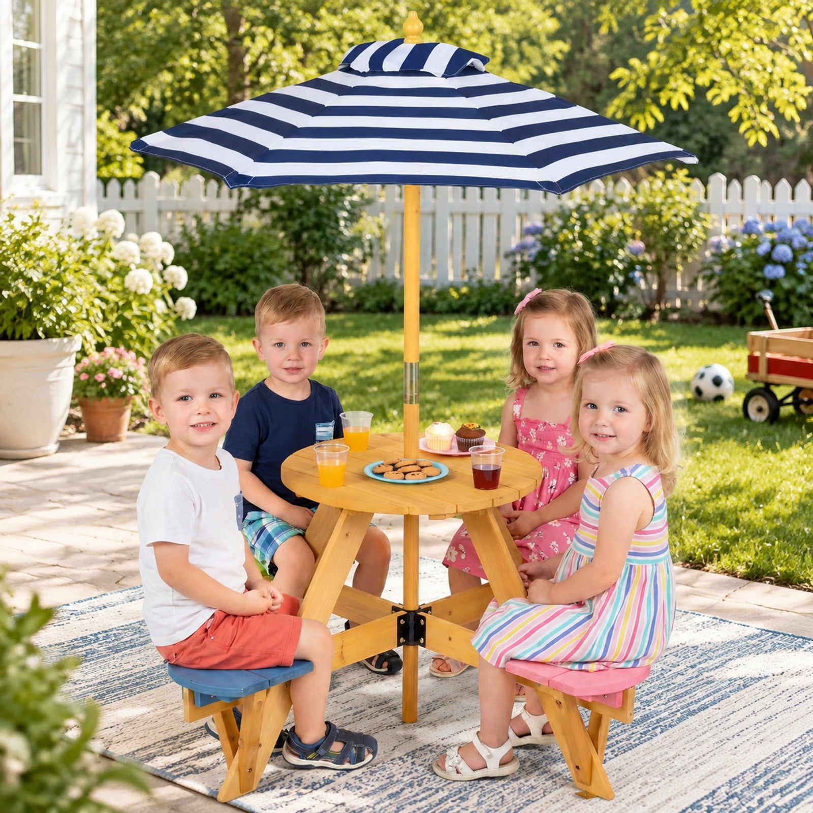 Fenbeli Kids Picnic Table with Stools and Foldable Adjustable Umbrella for Backyard and Patio, Bench 165 lbs Capacity, Polyester Fabric Frame, Blue