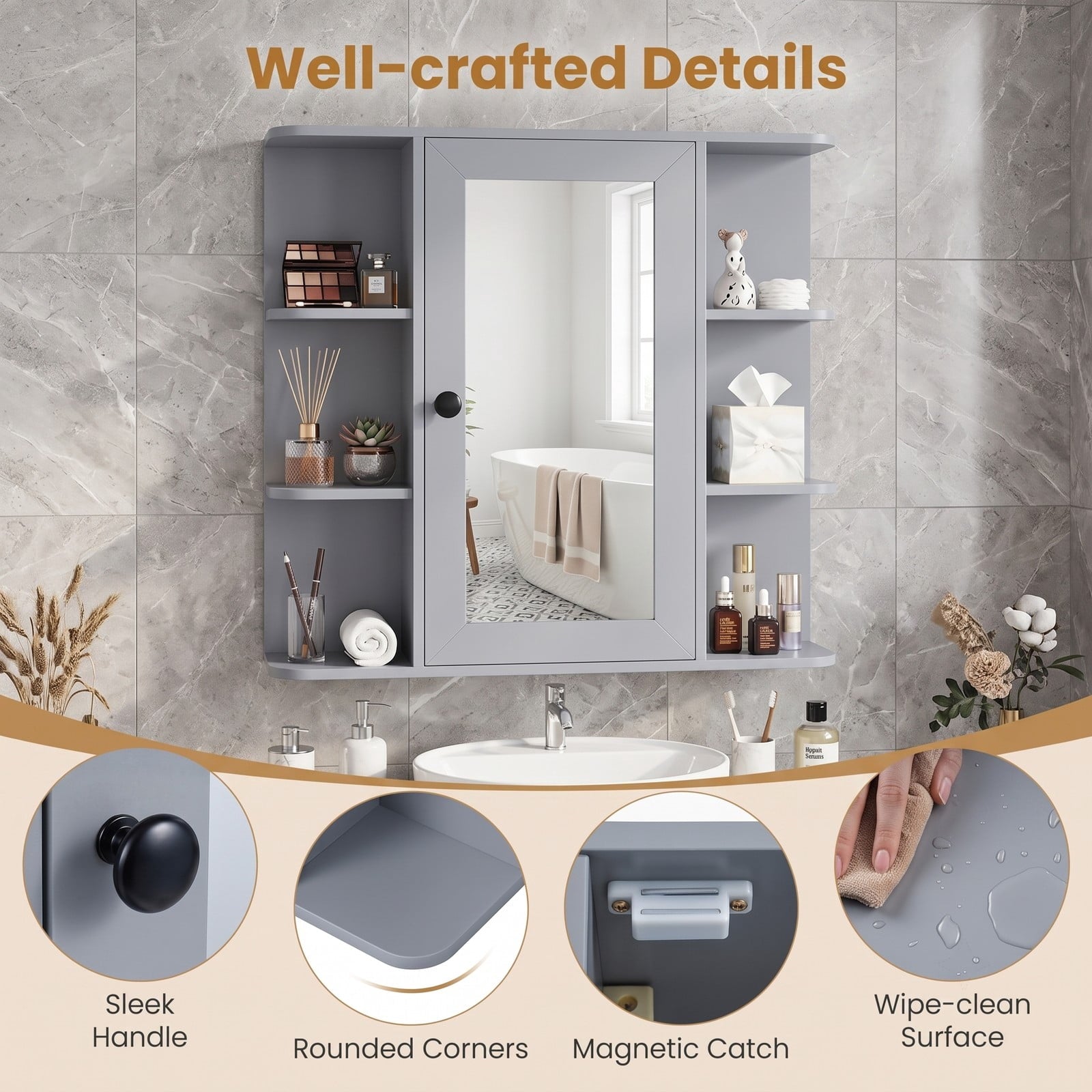 Fenbeli Wall Mounted Bathroom Medicine Cabinet with Mirror and Open Shelves, Wood Storage Organizer with Mirrored Door and Adjustable Compartments for Bathroom, Gray