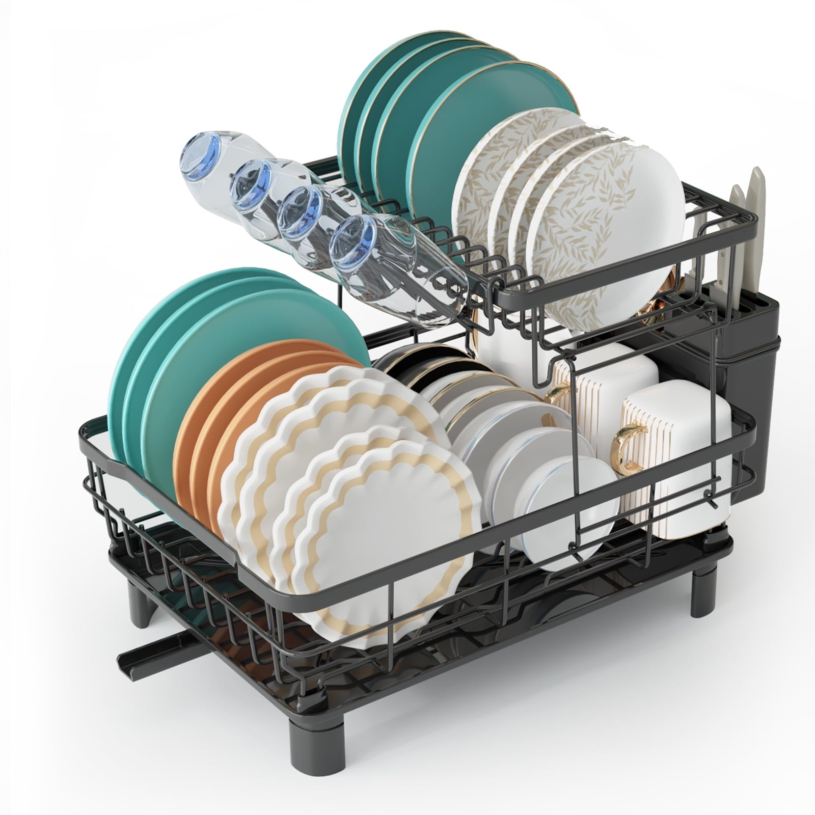 Fenbeli 2-Tier Dish Drying Rack with Drainboard, Rustproof Dish Rack with Utensil Holder & Swivel Spout, Large Kitchen Dish Drainer for Counter