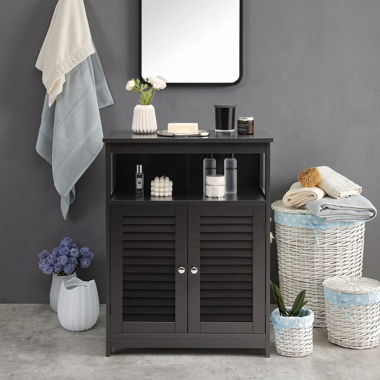 Fenbeli Wood Freestanding Bathroom Storage Cabinet, Double Shutter Doors with Adjustable Inner Shelf and Anti-Tipping Device, Floor Organizer Cabinet for, Black