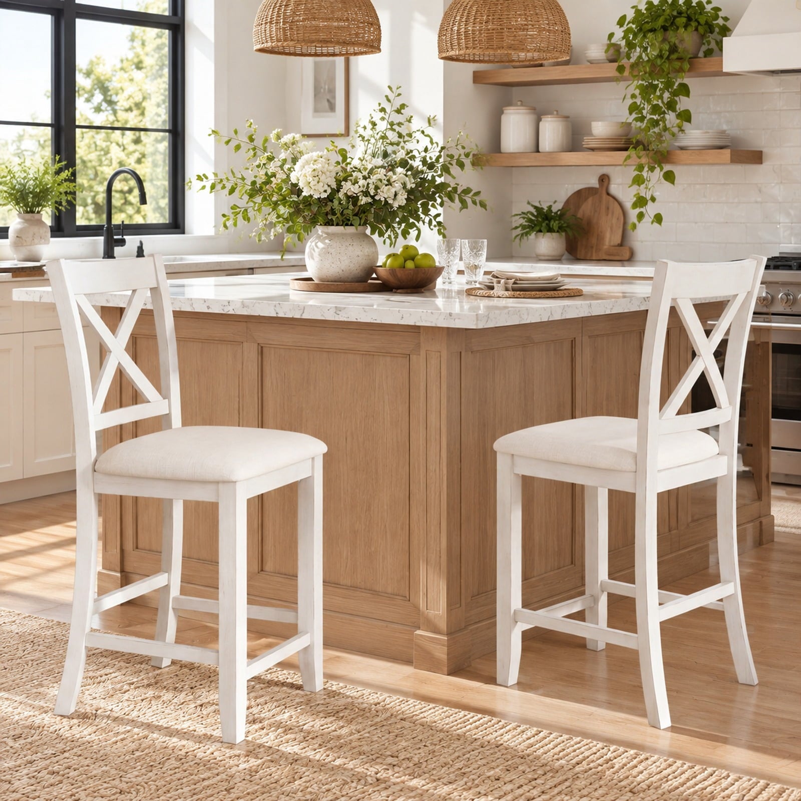 Fenbeli Modern Farmhouse Counter Height Stools with Footrest and Cushion, 330 lbs Capacity, Rubber MDF Linen Sponge Frame, White