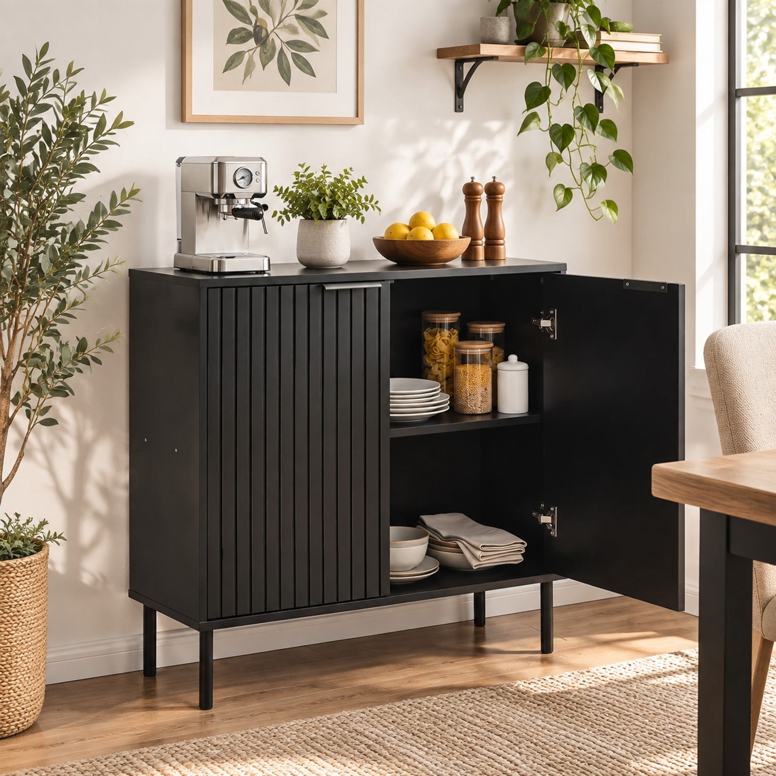 Fenbeli Fluted Buffet Cabinet with 2-Door Sideboard for Kitchen and Dining Room, Black, Metal legs provide strong and reliable support