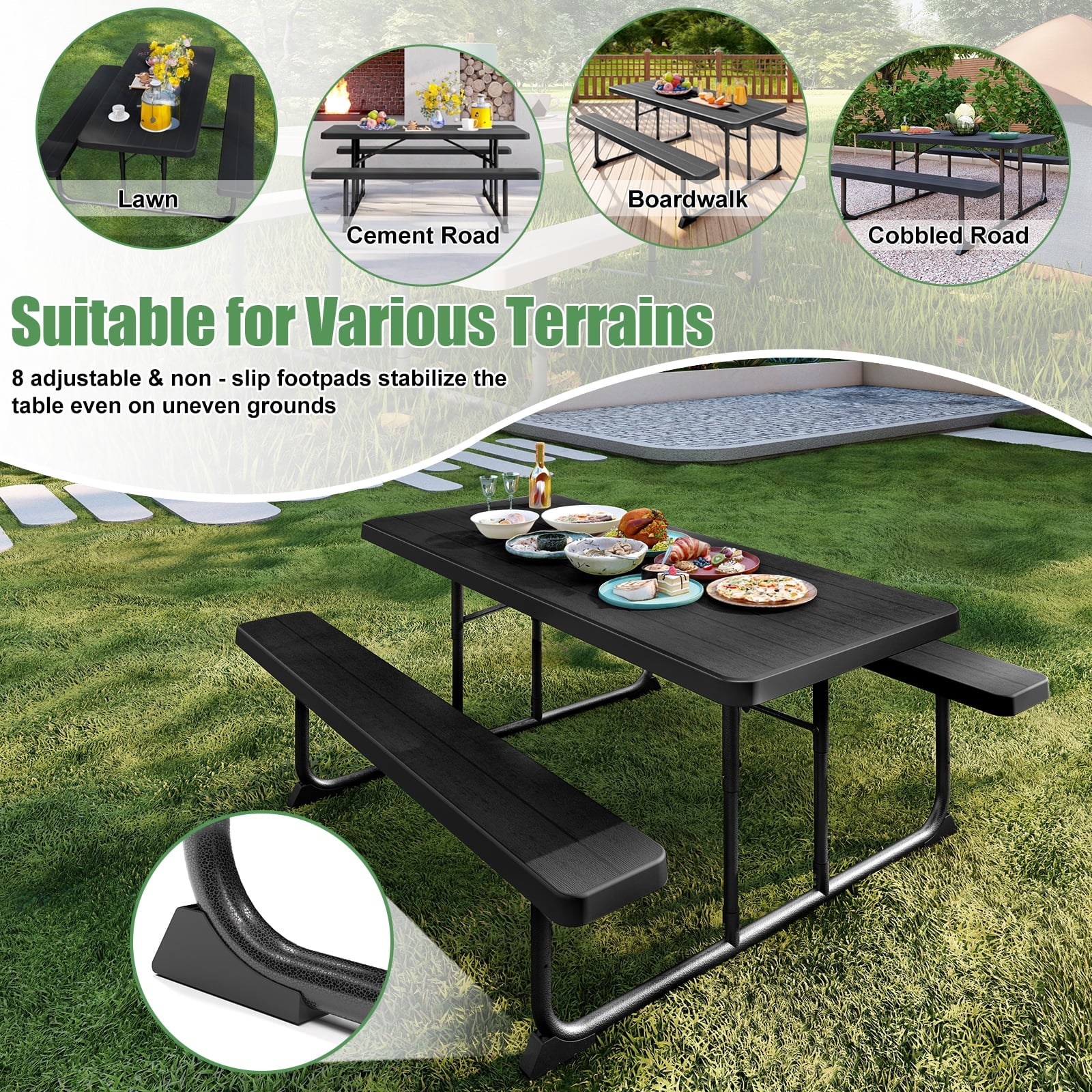 Fenbeli 6-Foot Outdoor Folding Picnic Table, Black