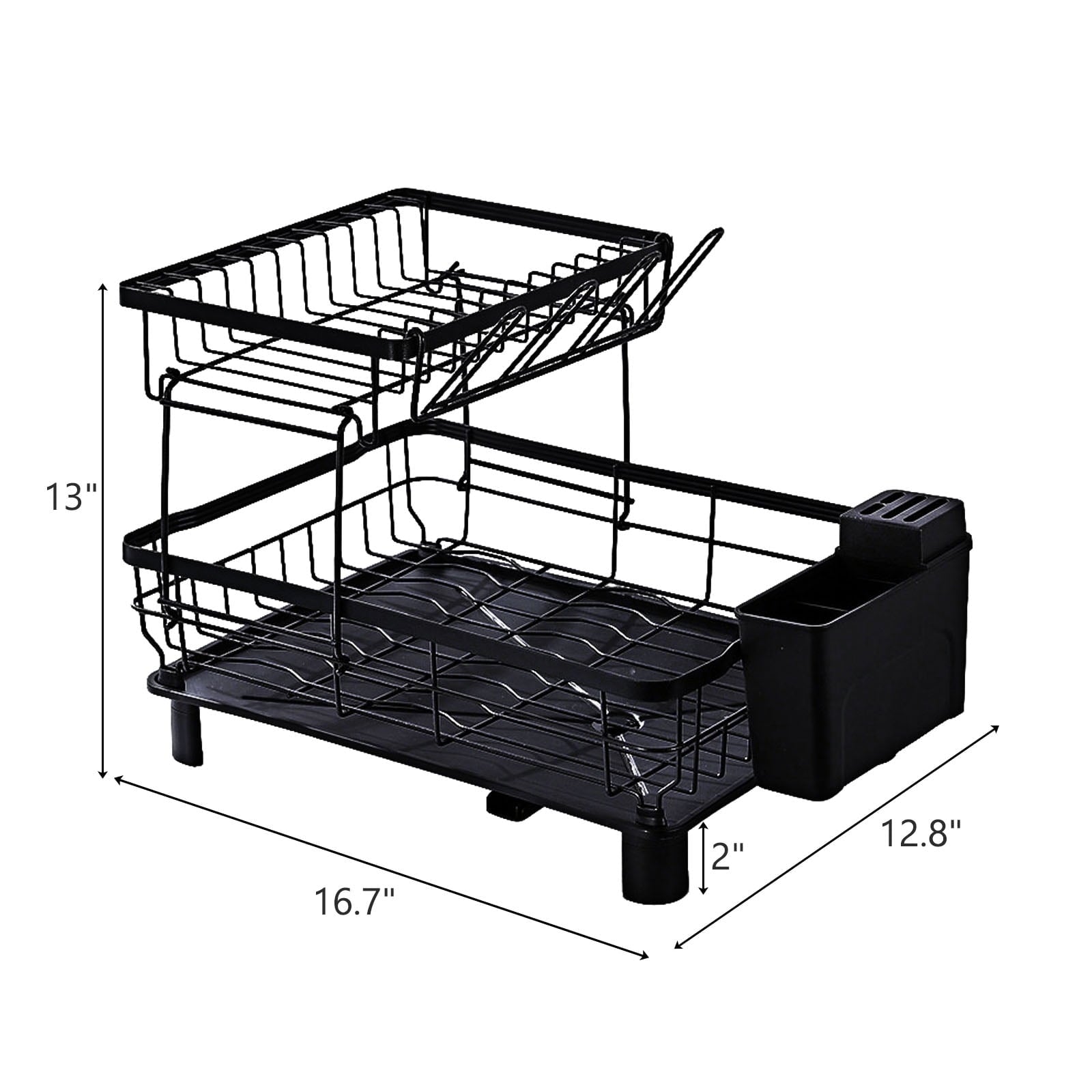 Fenbeli Dish Drying Rack Stainless Steel 2-Tier Detachable Dish Rack with Drain Board Tray Black