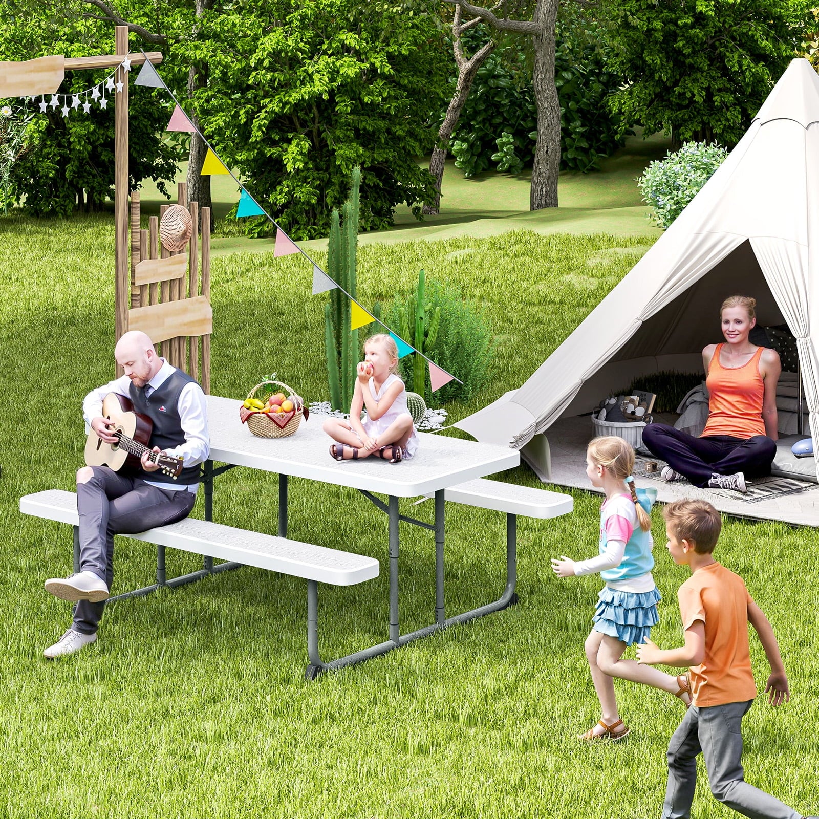 Fenbeli Folding Picnic Table Set 6ft Outdoor Picnic Table with Benches for Camping, BBQ, and Patio Use, White