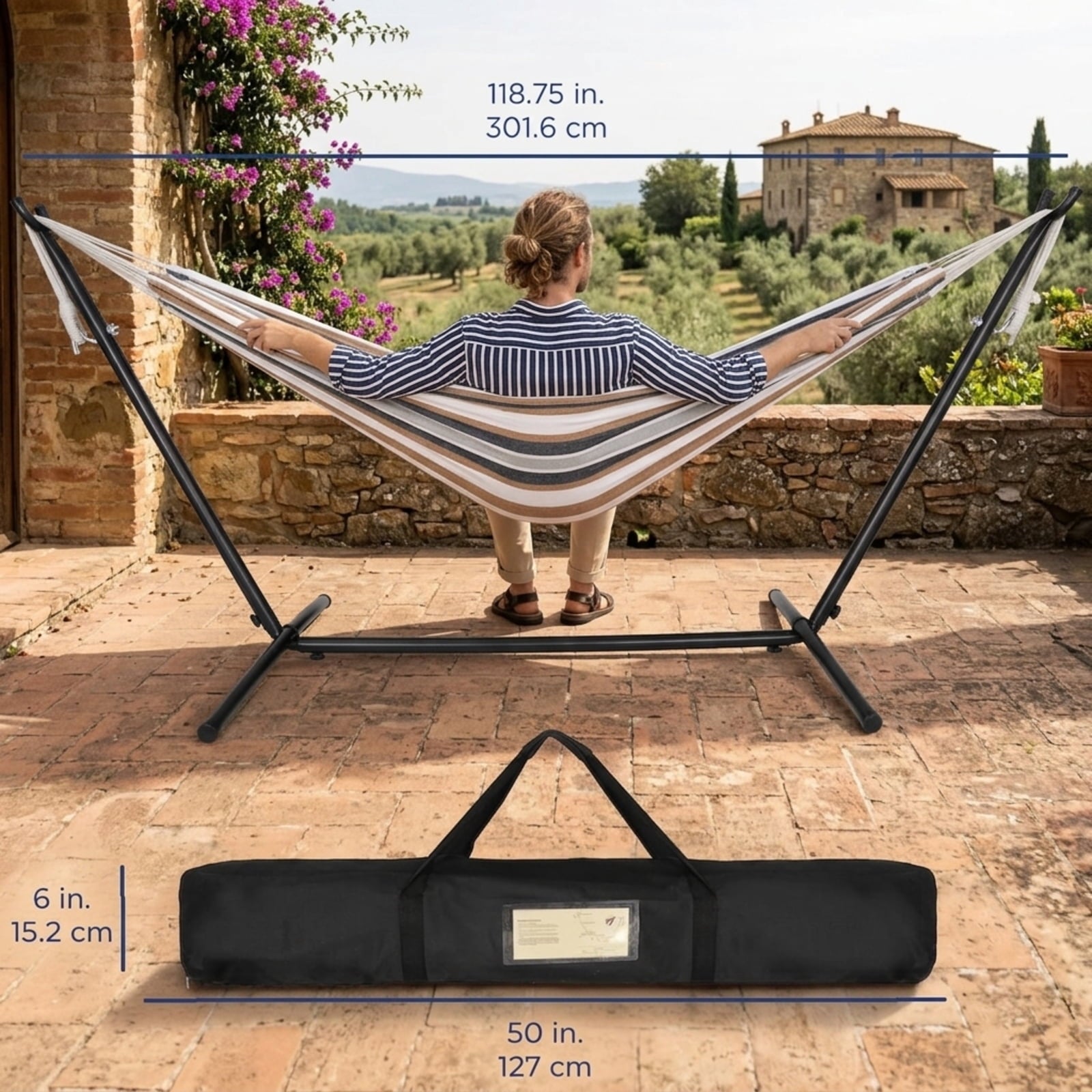 Fenbeli Double Camping Hammock with Stand 2 Person Portable Hammock Bed with Steel Frame and Carry Bag for Backyard Patio Outdoor Poolside, Yellow